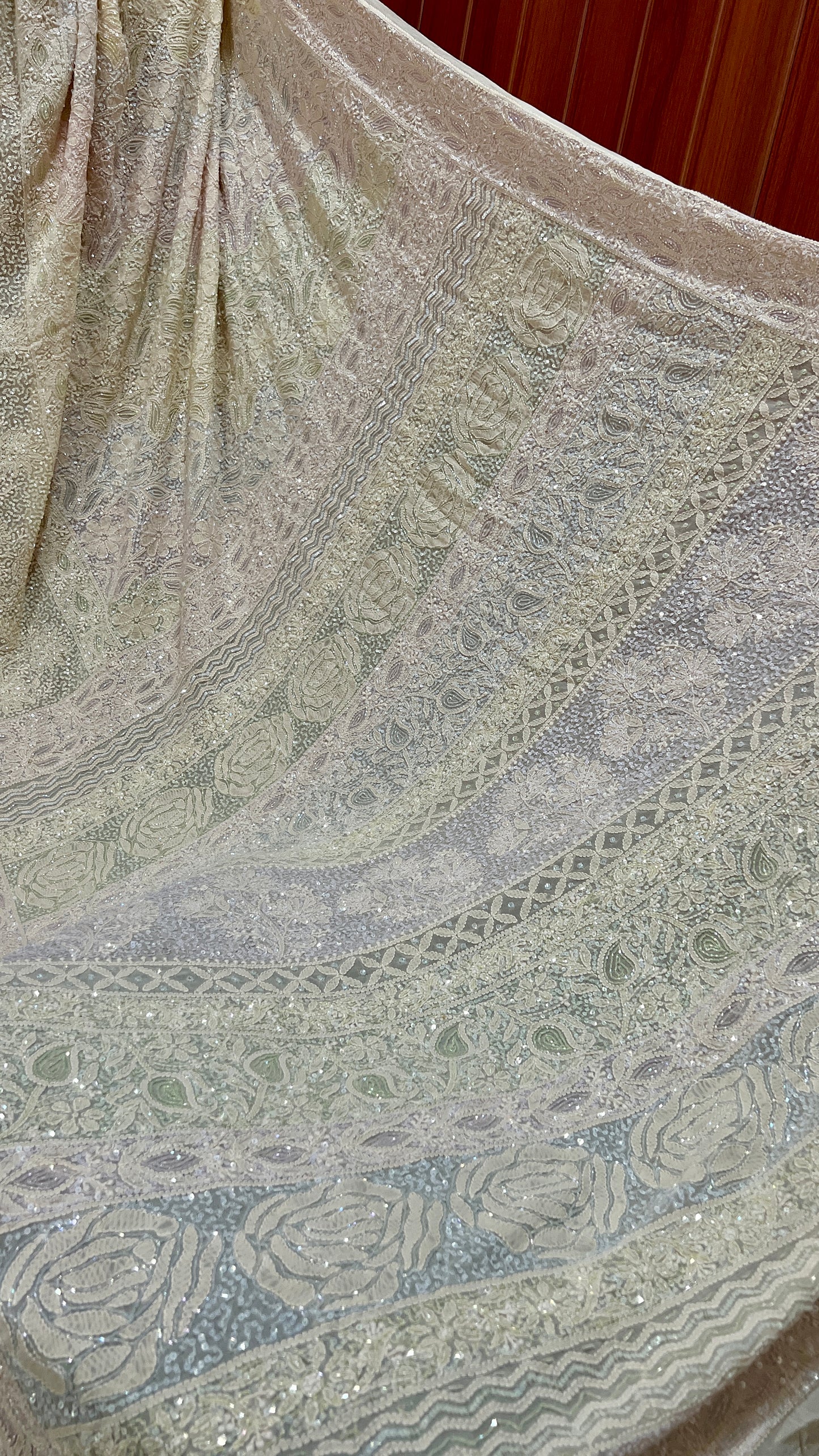 Ruhani Champagne Masterpiece Chikankari and Multicolored Cut Dana Saree