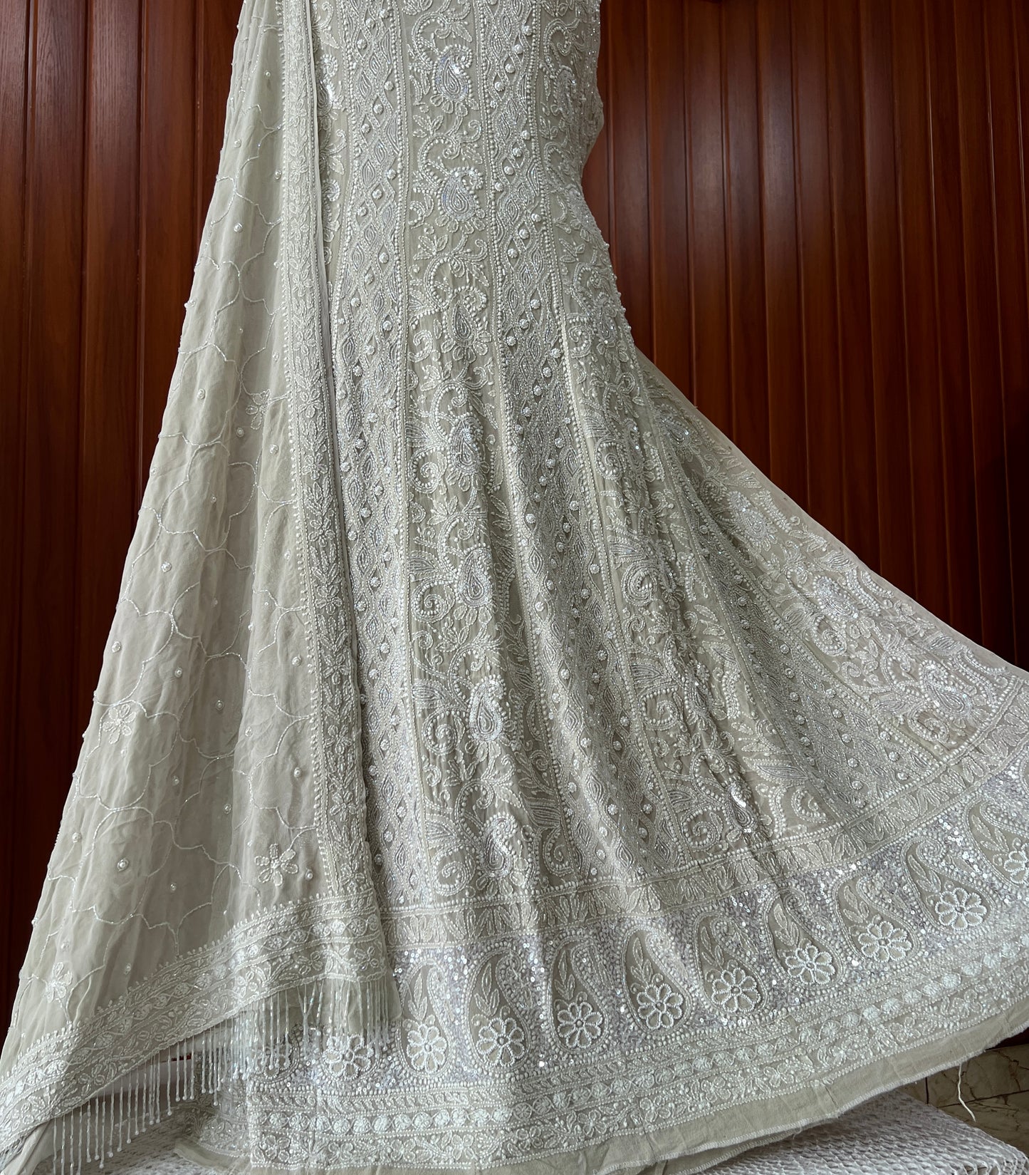 Pale Olive Green fine Chikankari Pearl Sequins and Cut Dana Anarkali