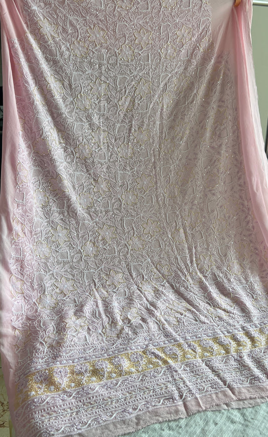 Ruhani Pink pure chiffon Chikankari cut dana and sequins kurta and dupatta