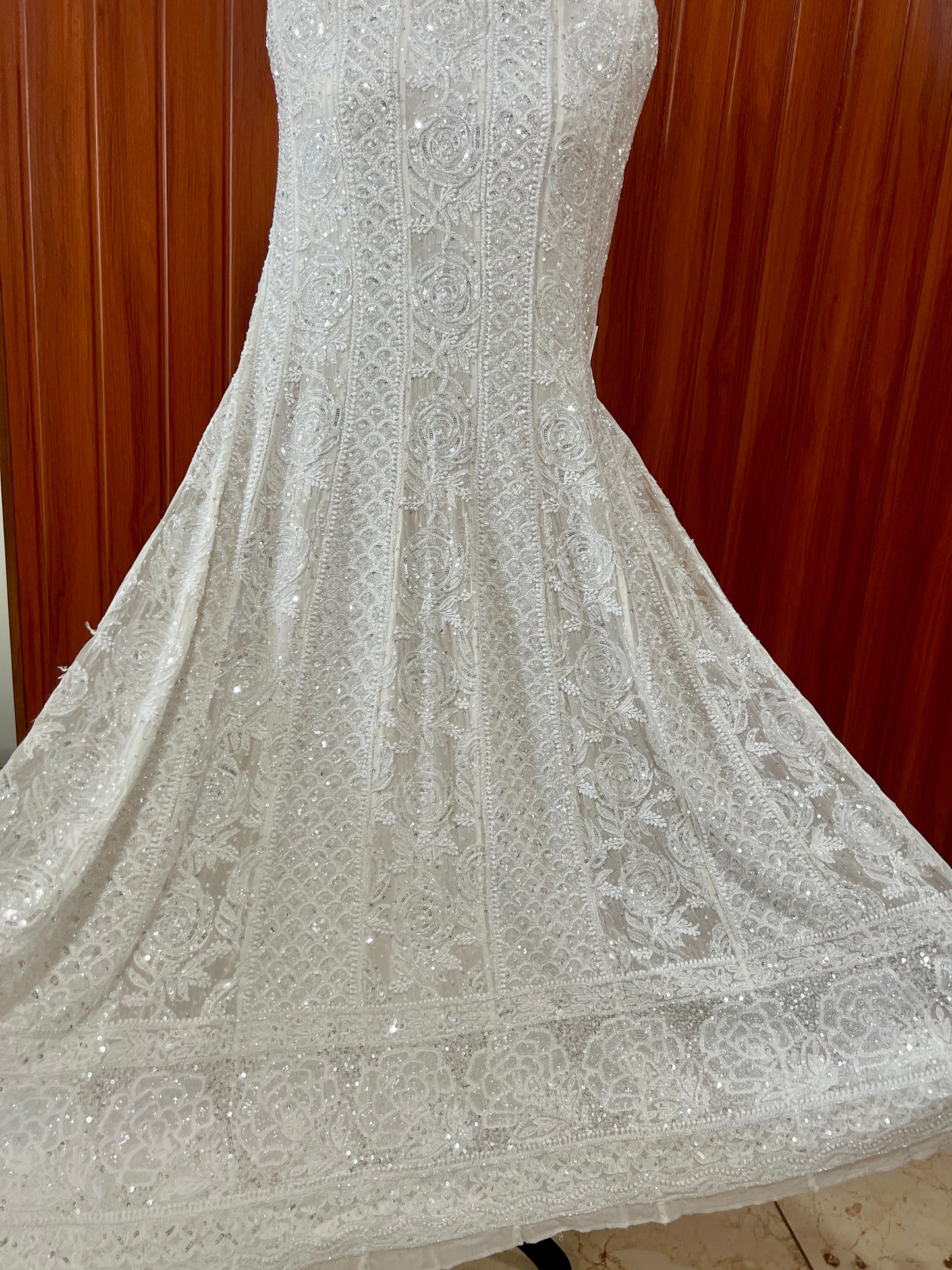 Ruhani White Chikankari Sequins and Cut Dana Anarkali
