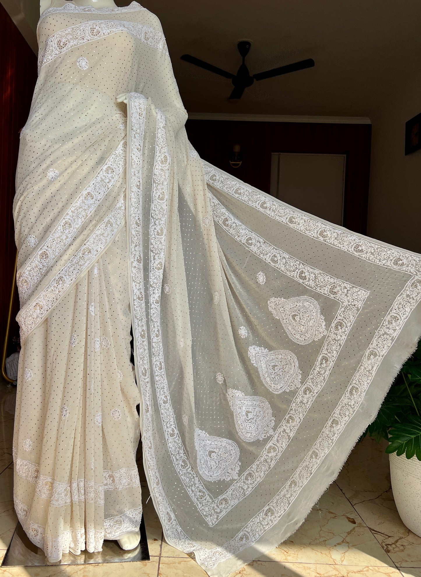 Ivory Ruhani Allover Fine Chikankari and Bareek Mukaish Saree