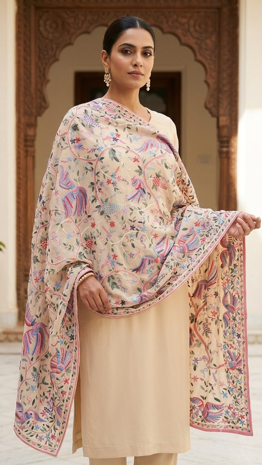 Beige Parsi Gara Hand Embroidered Dupatta