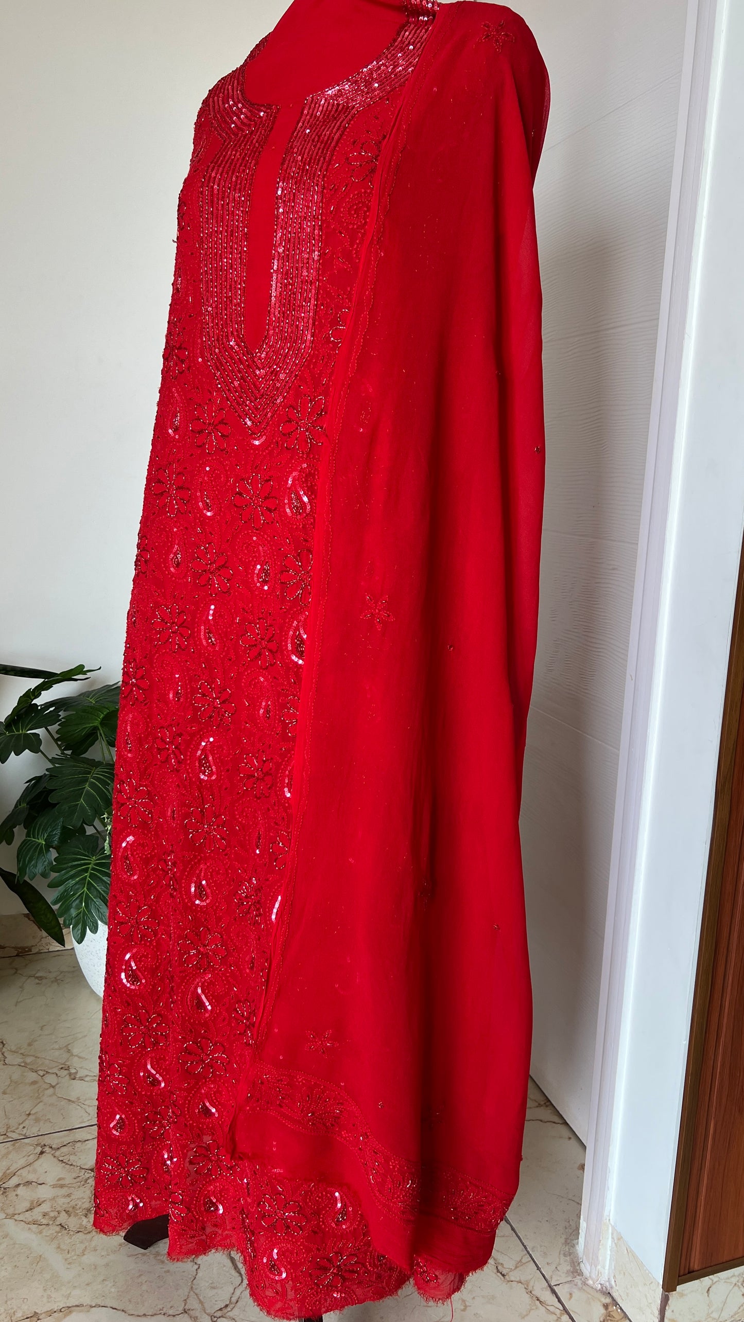 Red Chikankari cut dana sequins work kurta and dupatta