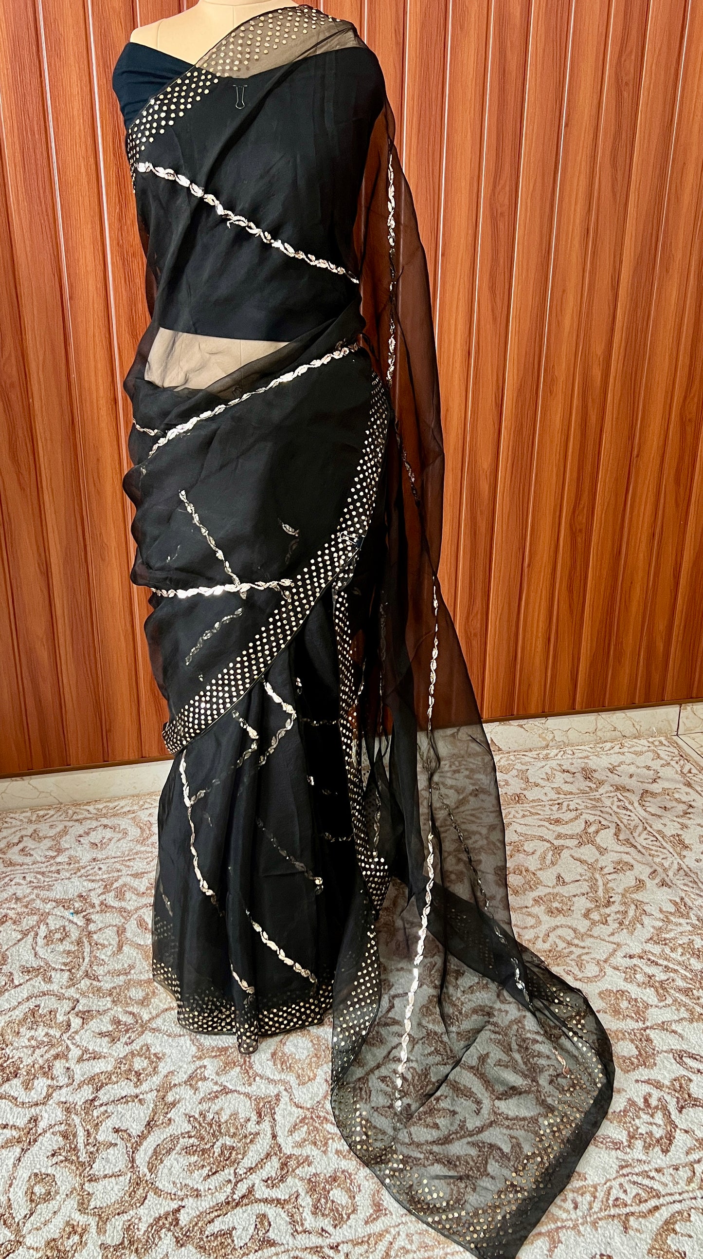 Black Pure Organza Saree with Badla and Mukaish Work