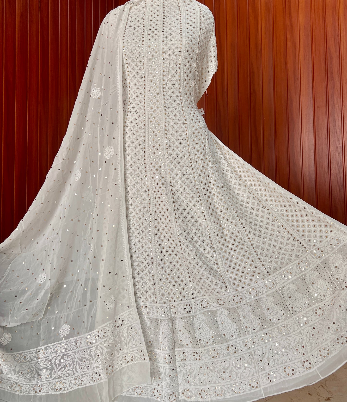 White allover Chikankari and mukaish anarkali with dupatta