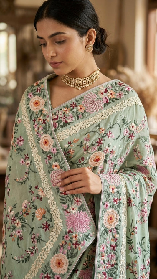 Mint Green Masterpiece Parsi Gara Pure Crepe Saree