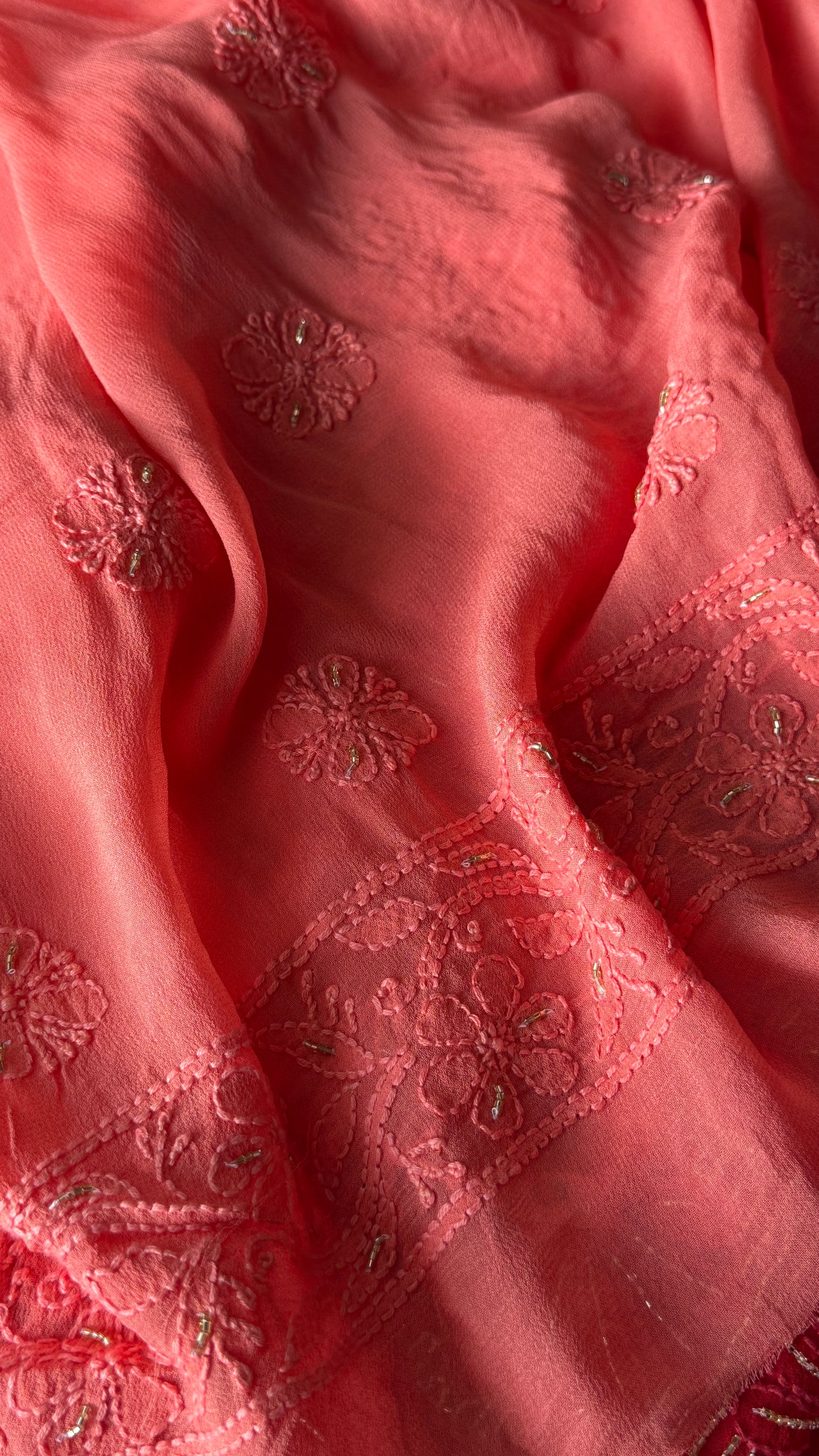 Coral Chikankari golden Cut Dana and aari work Kurta and Dupatta