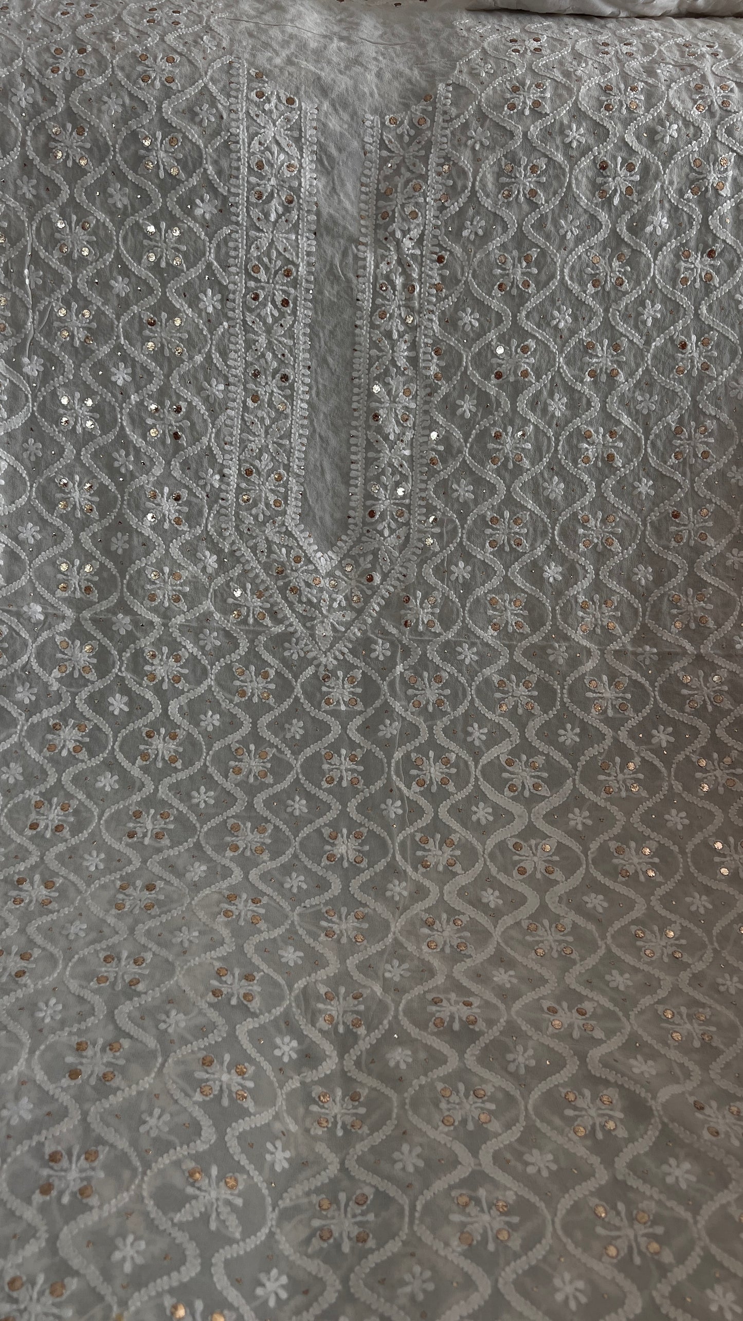 Ivory Pure Georgette Allover Chikankari and Mukaish Men's Kurta Fabric