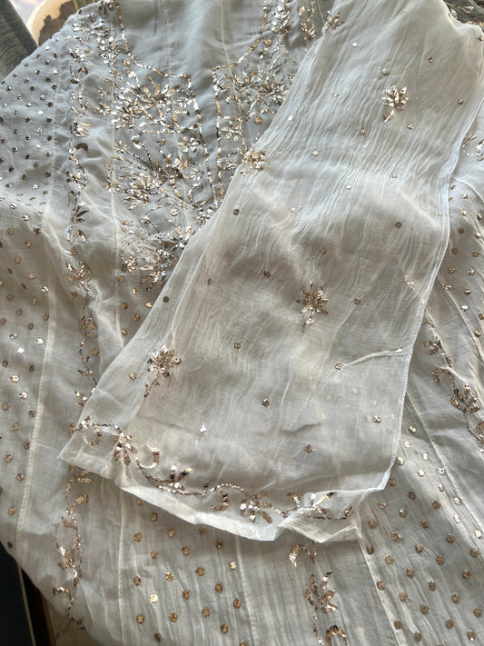 Mul Chanderi Anarkali with Badla and Mukaish work