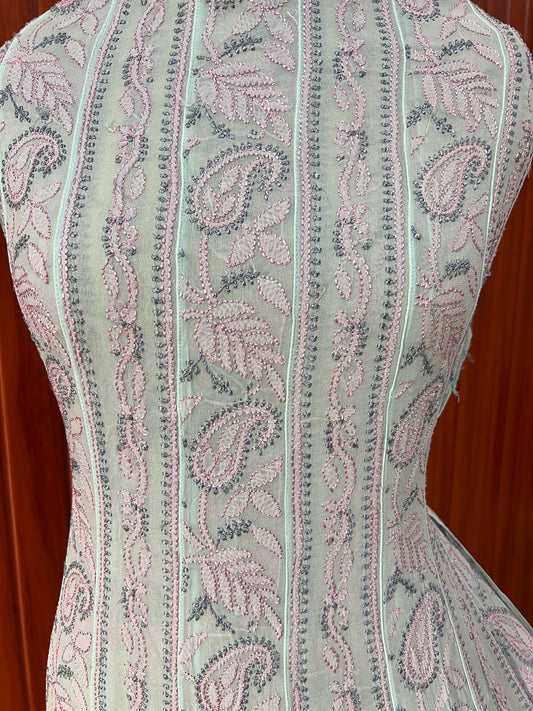 Firozi Resham Chikankari Embroidered Anarkali with Dupatta