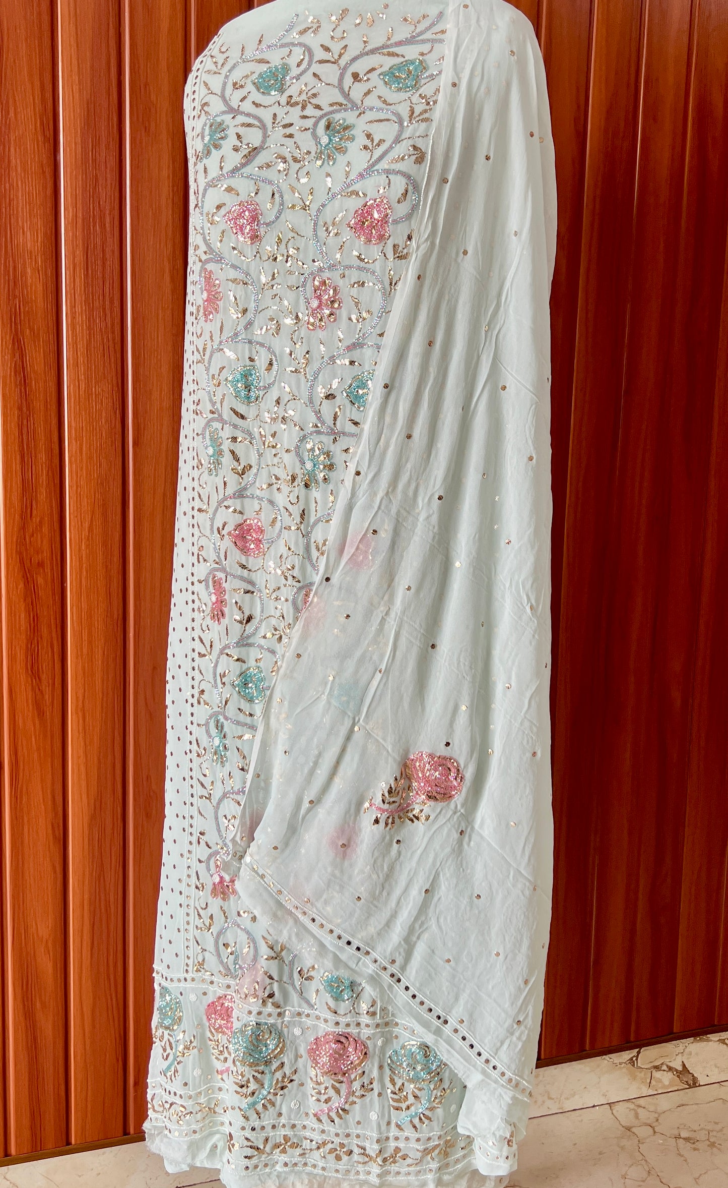 Ruhani Powder blue Mukaish and Cut dana Embroidered Kurta & Dupatta Set