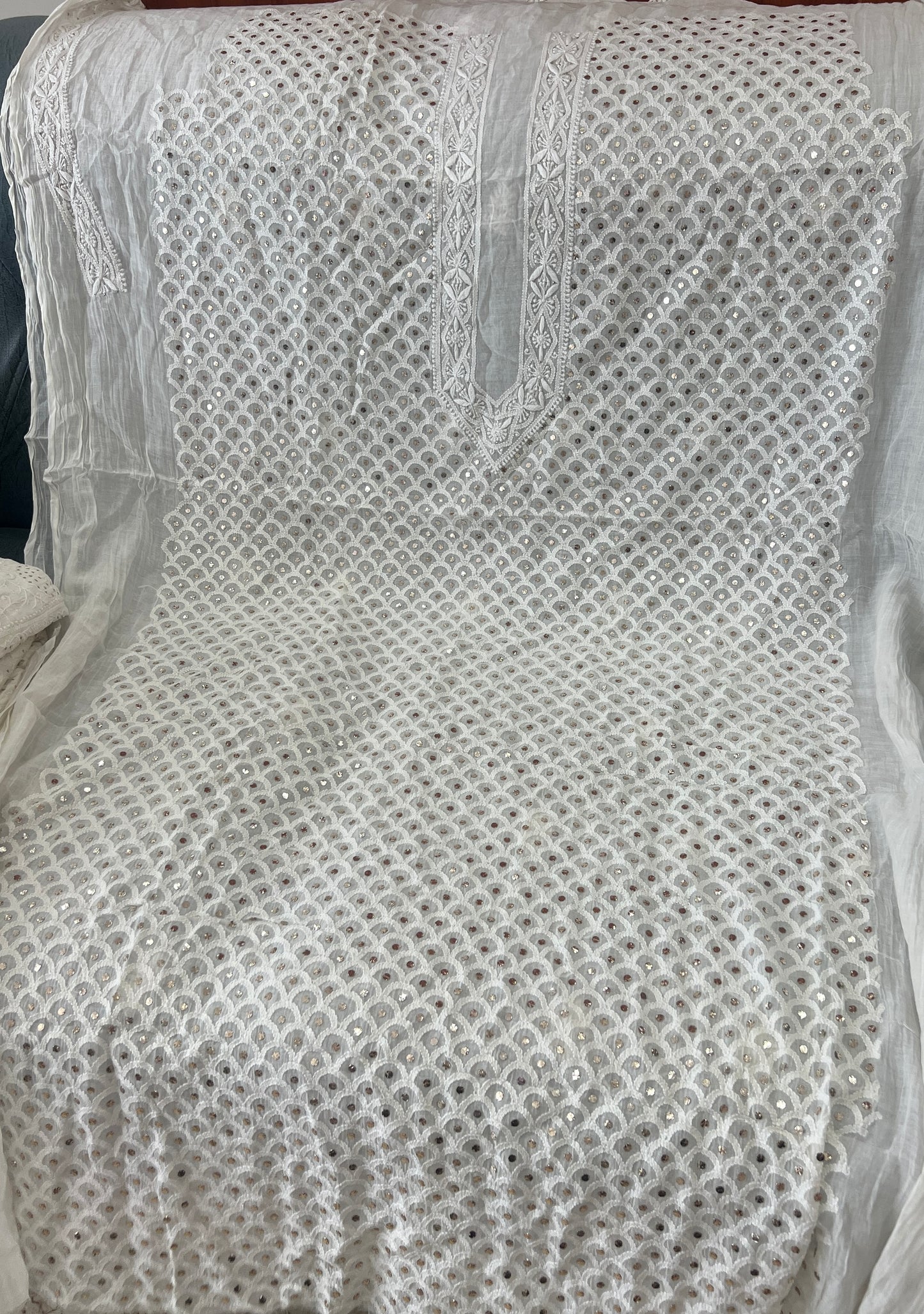 Ivory Chanderi Silk Chikankari and Mukaish Kurta Fabric