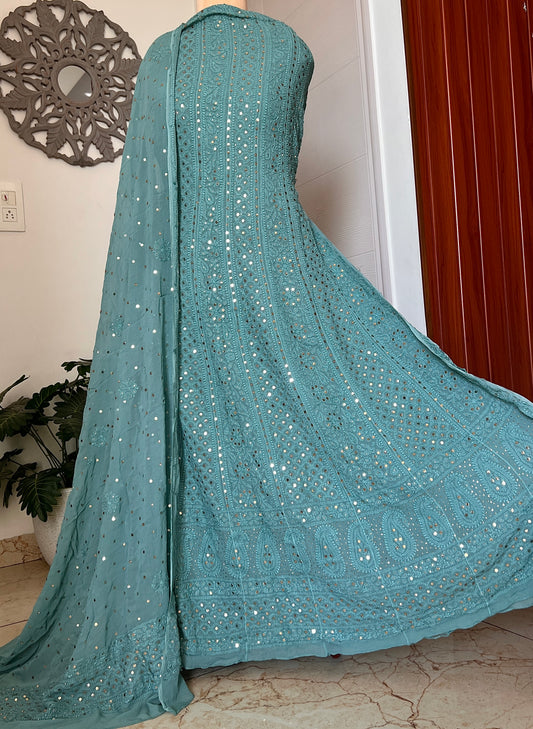 Ocean blue allover Chikankari and mukaish anarkali with dupatta