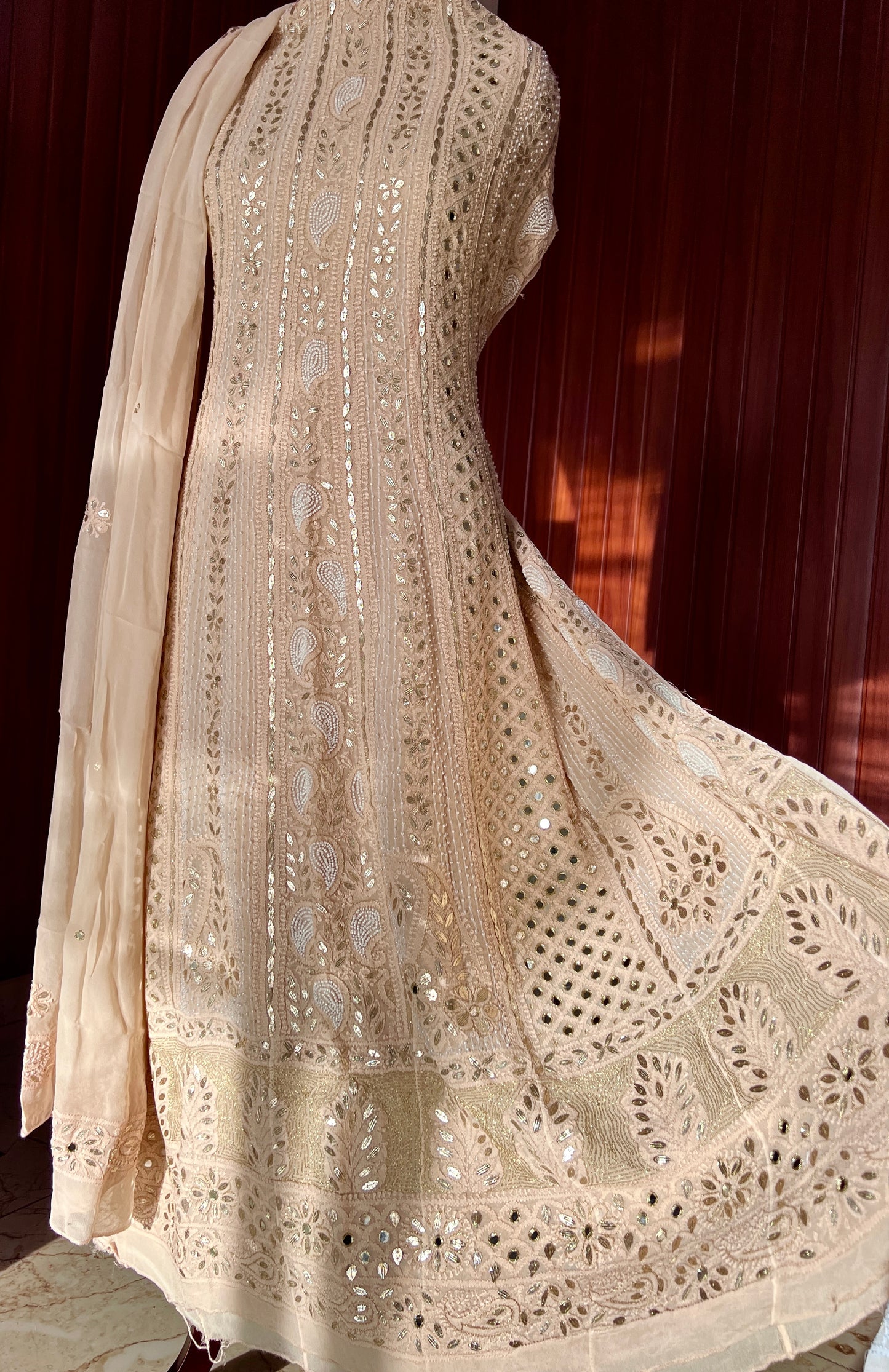 Beige Chikankari Mirror Gota Patti Peal Anarkali with Dupatta