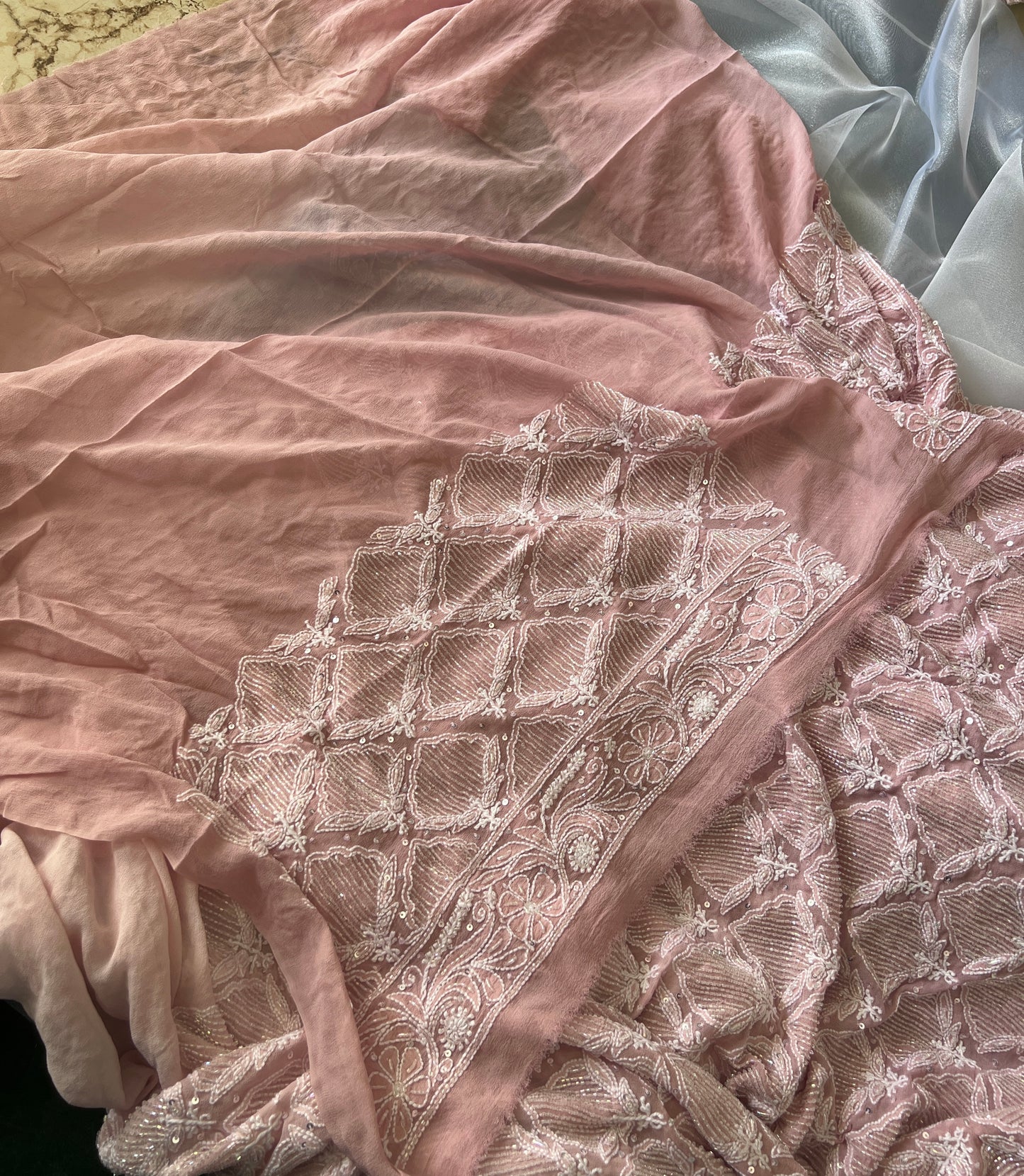 Ruhani Rose Quartz Chikankari and Cut Dana embroidered Saree