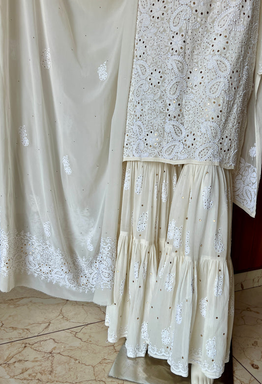 Ivory pure georgette Chikankari and Mukaish sharara set