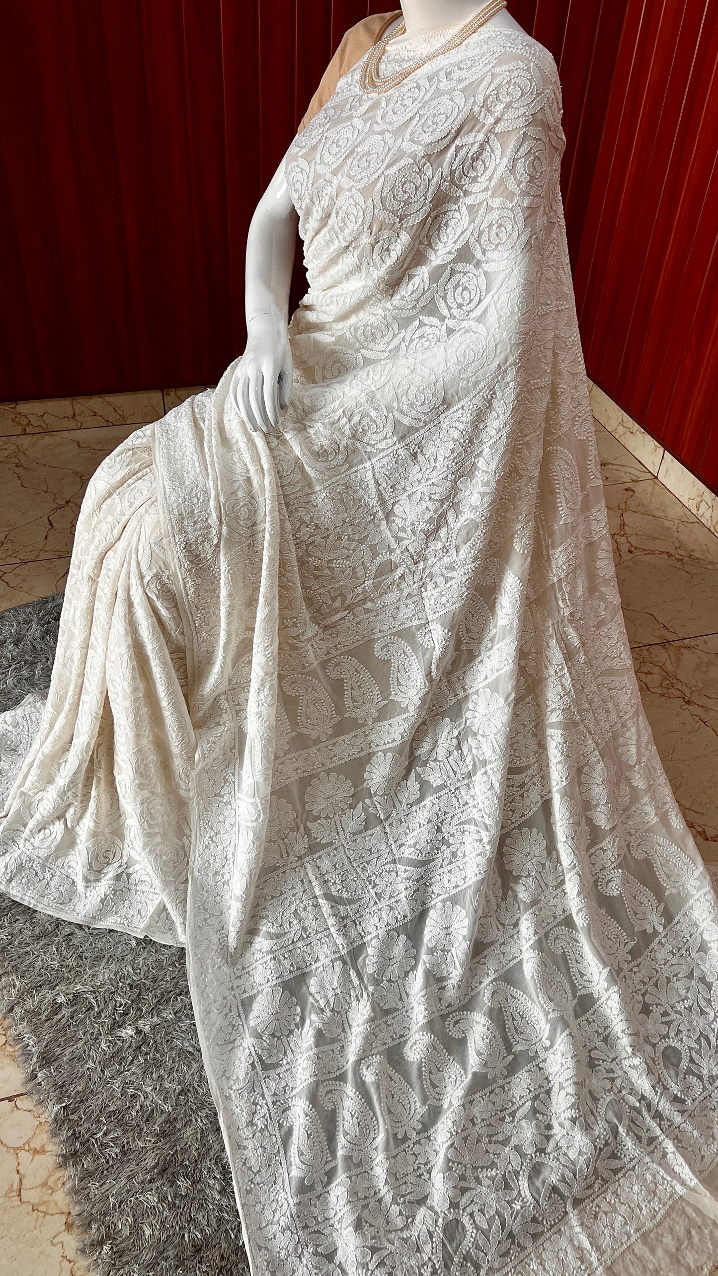 Ruhani Off White Gulaab pattern fine Chikankari Hand Embroidered Saree
