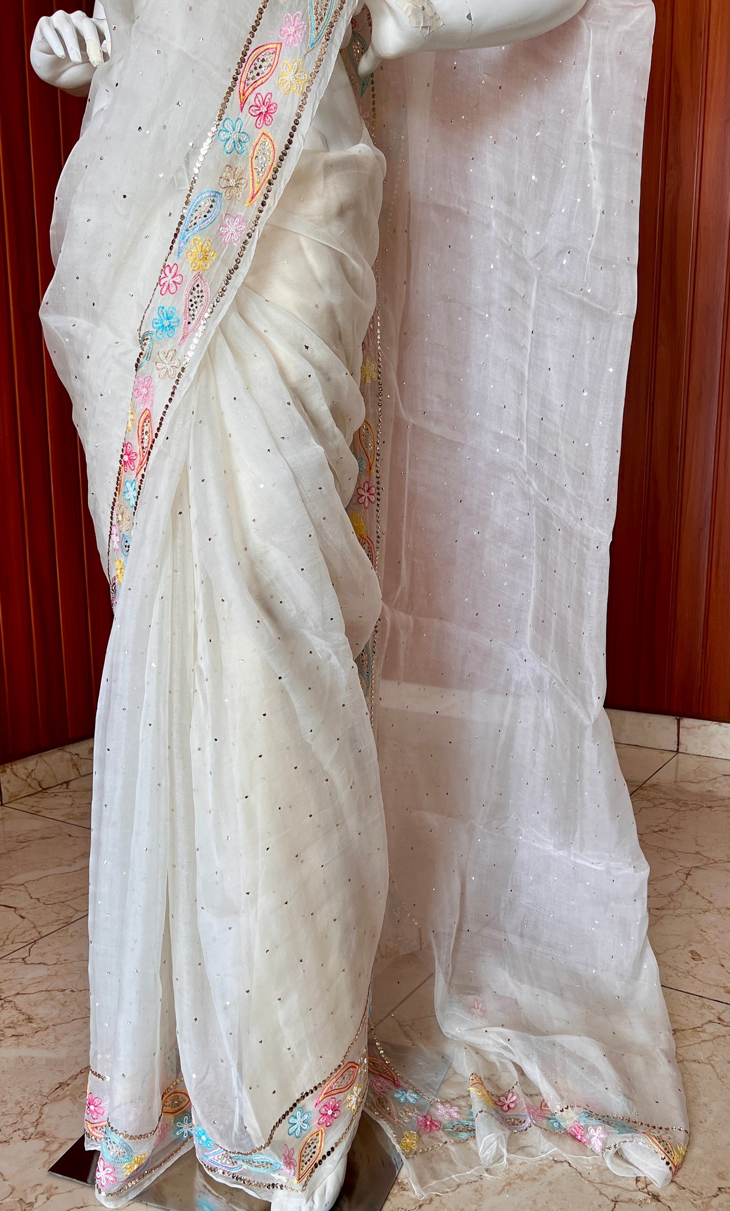 Ruhani Ivory Pure Organza Saree with Allover Mukaish and multicolored border