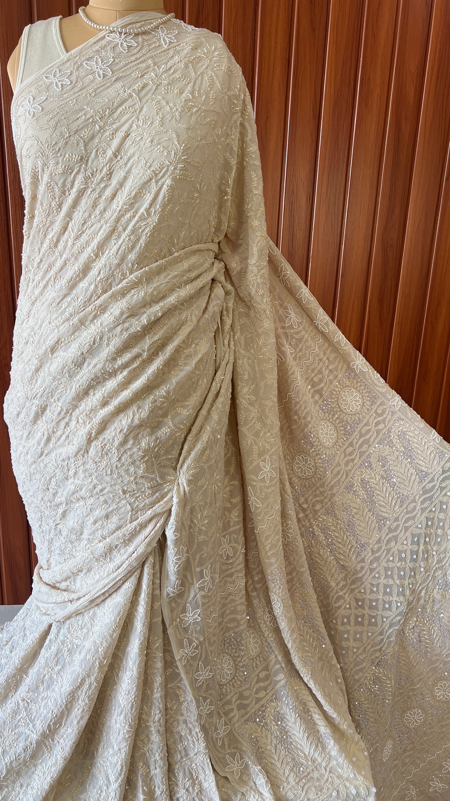Beige Chikankari Pearl Cut Dana and Sequins Saree