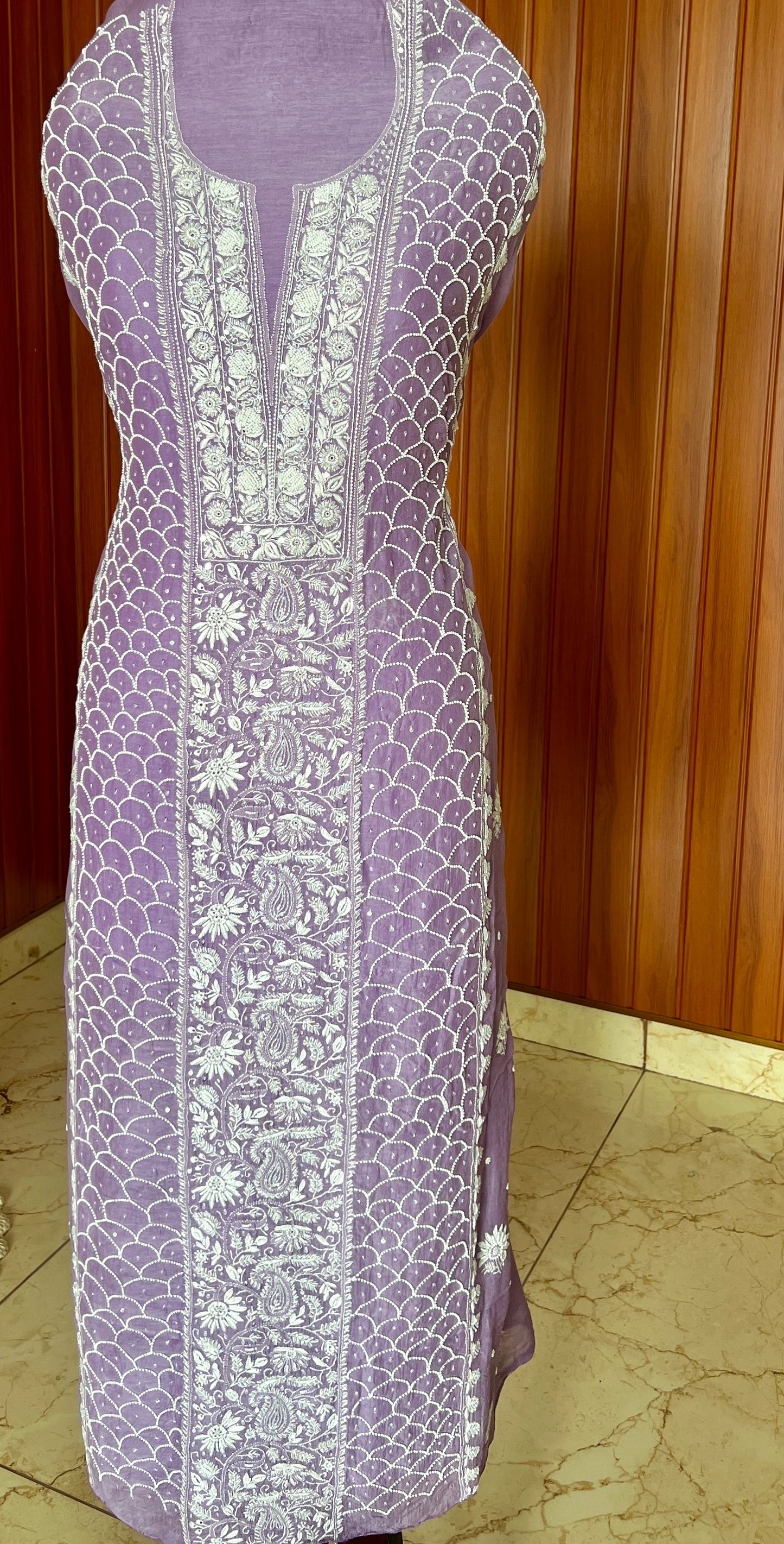 Purple Mulmul fine Chikankari & pearl work kurta & dupatta set