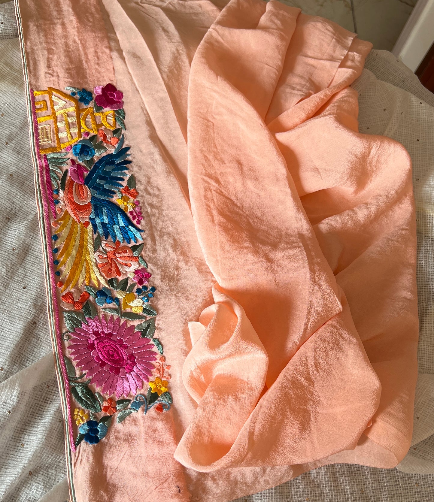 Flora and Fauna Parsi Gara Allover Hand Embroidered Saree on Pure Crepe