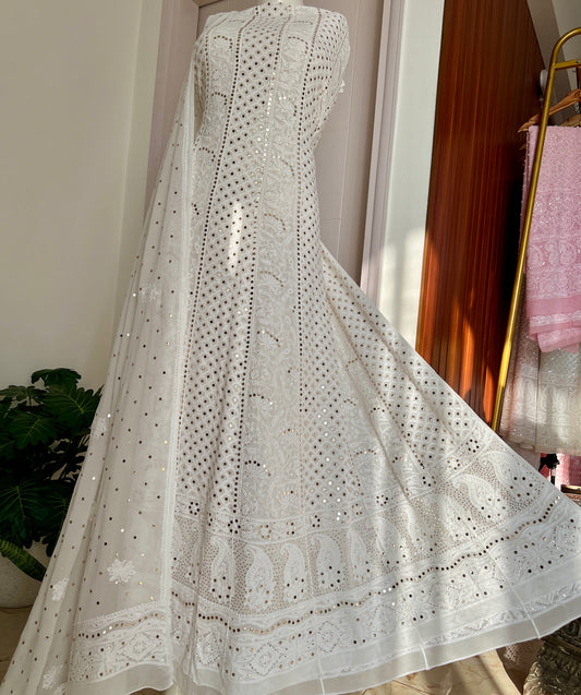 White allover Chikankari and mukaish anarkali with dupatta