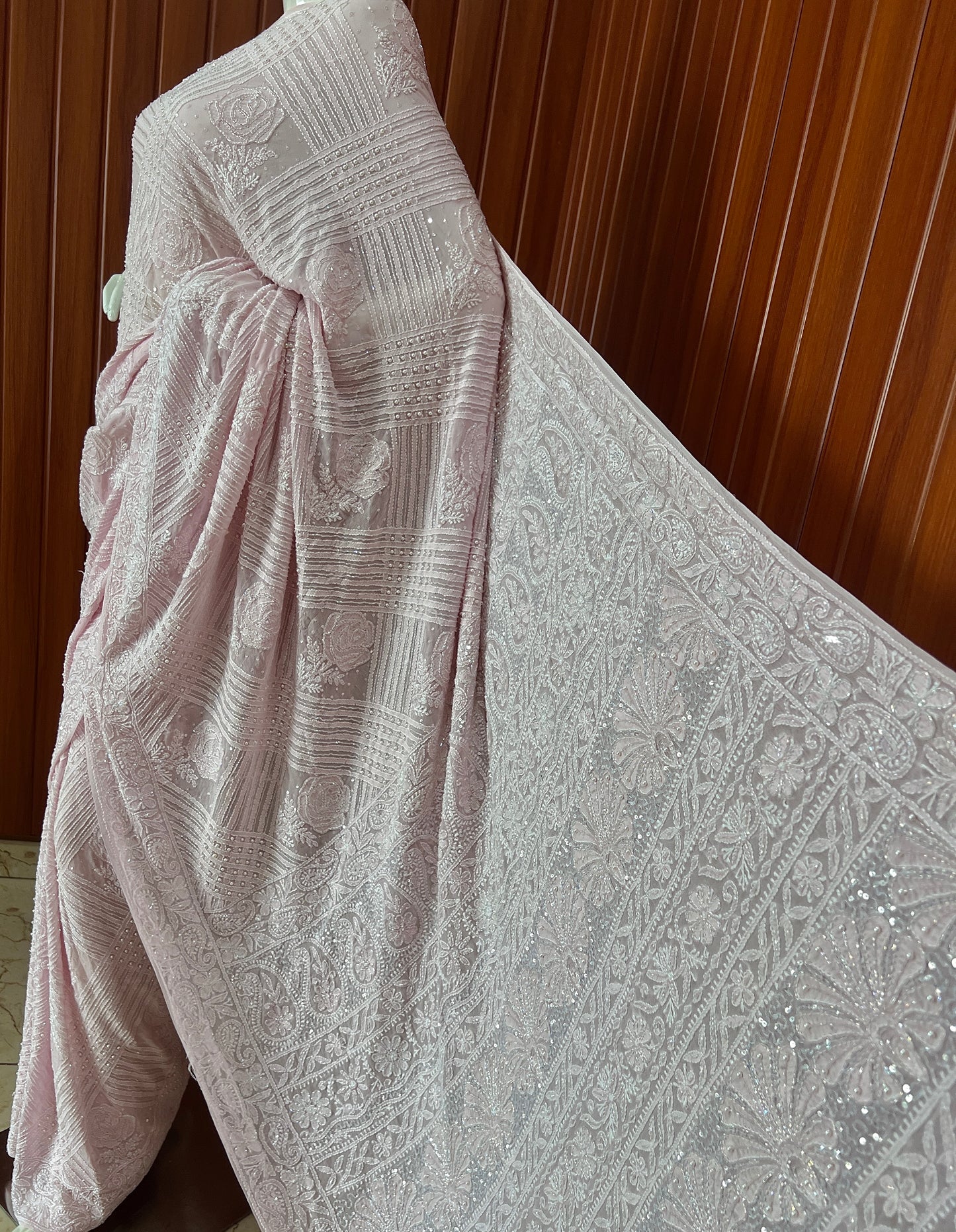 Ruhani Light Pink Chikankari Cut Dana Pearl and Sequins Masterpiece Saree