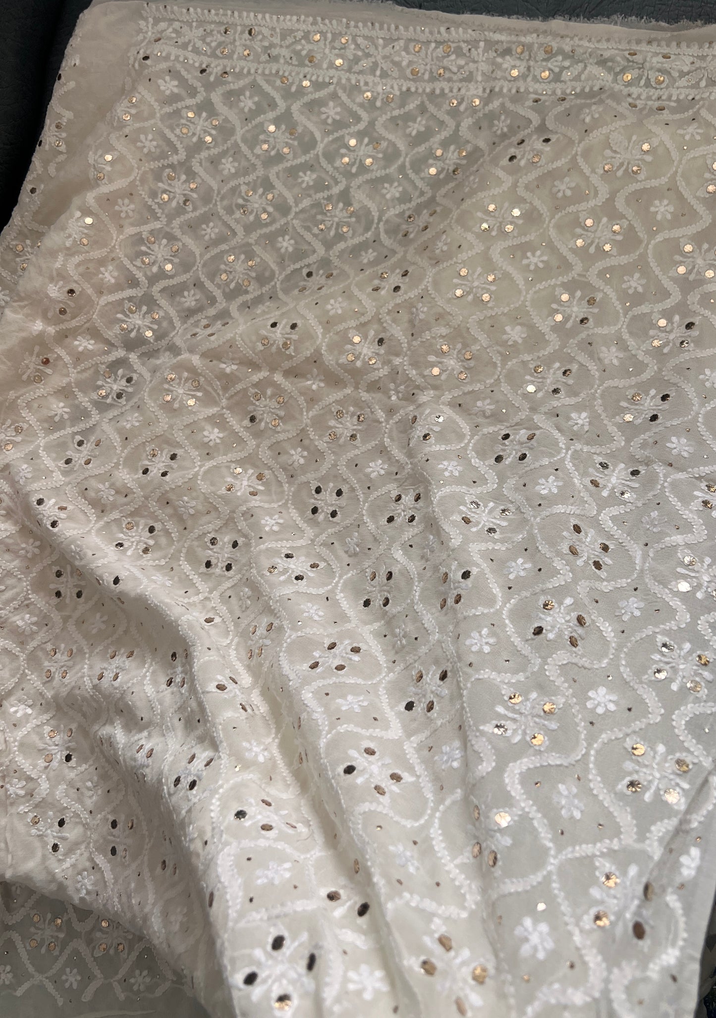 Ivory Pure Georgette Allover Chikankari and Mukaish Men's Kurta Fabric