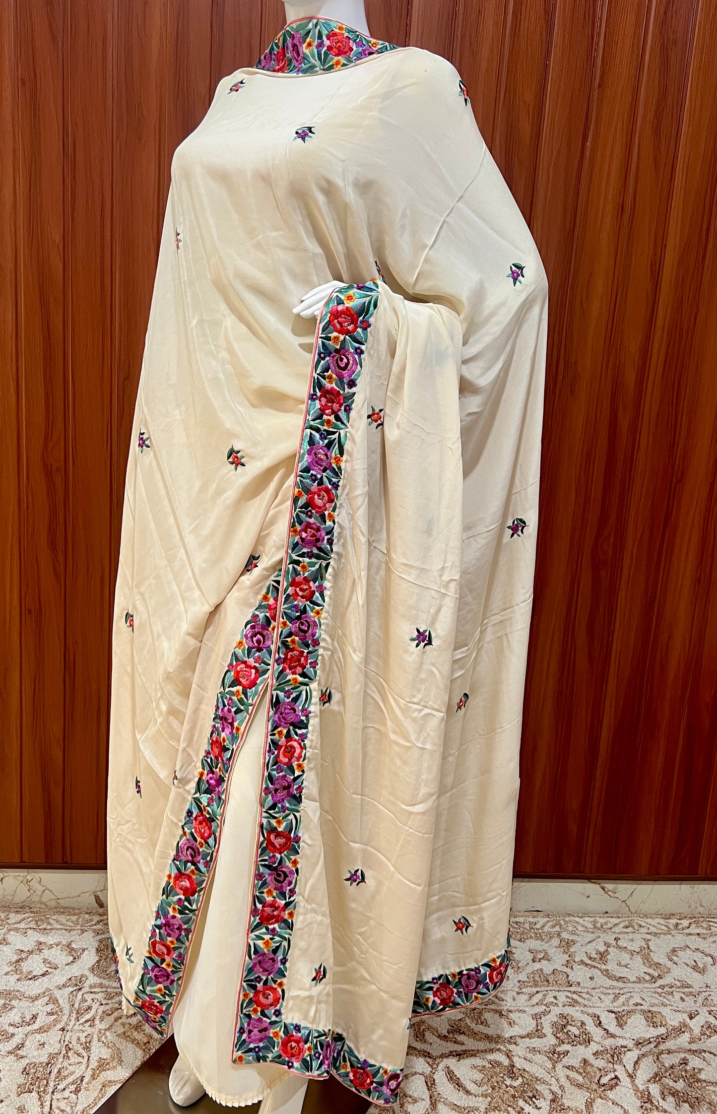 Cream Pure Crepe Dupatta With multicolored Parsi Gara Hand Embroidery