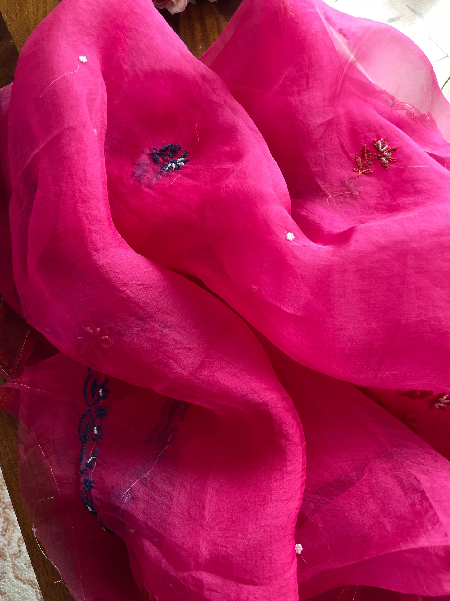 Hot Pink Chikankari pearl sequins pure Organza kurta with dupatta