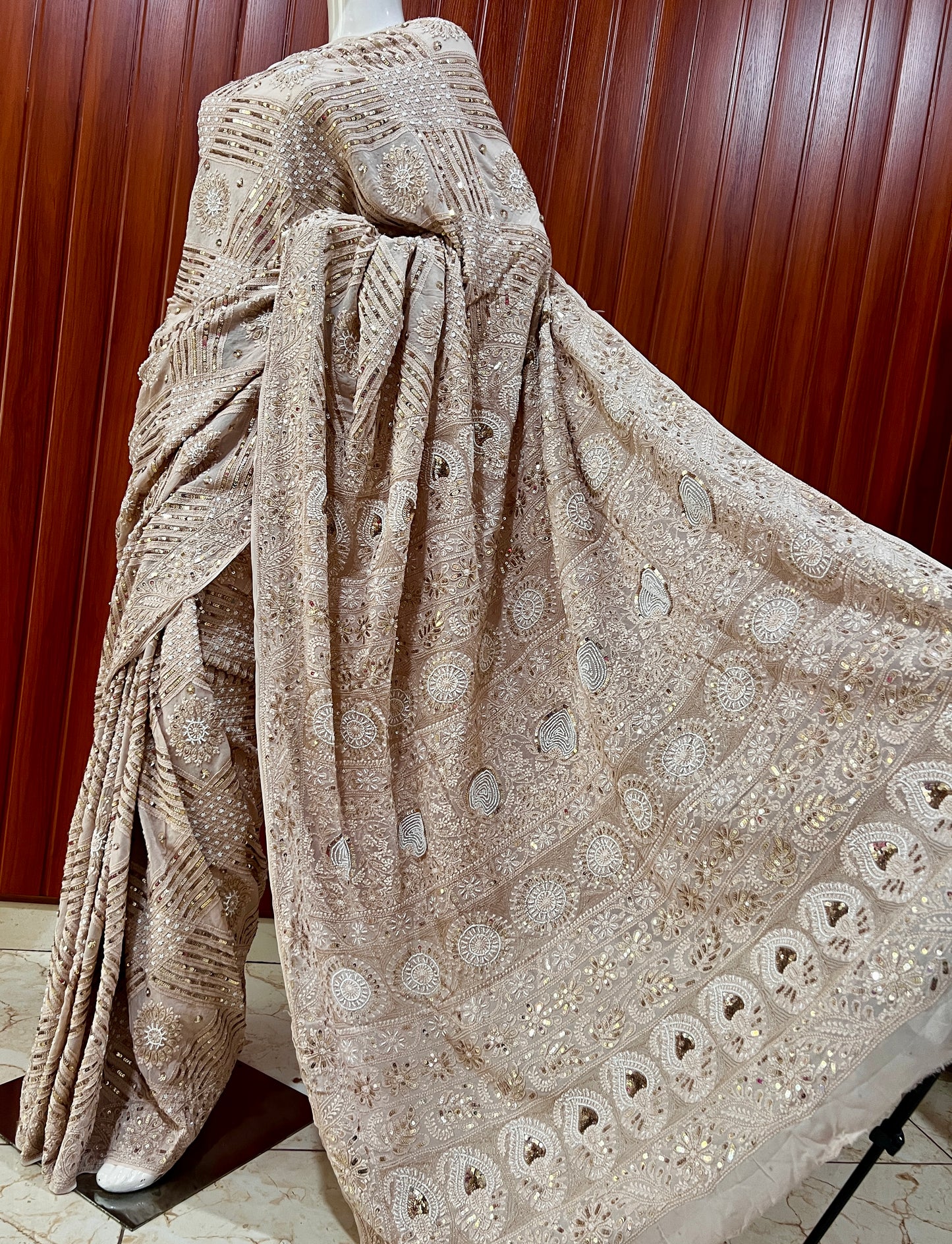 Ruhani Powder brown Chikankari Saree with Sequins Pearl and Aari Embroidery