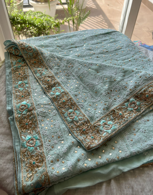 Ruhani Firozi Chikankari and Mukaish Saree with designer border