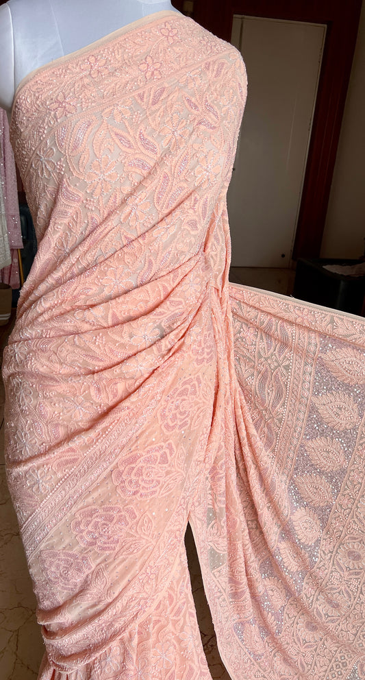 Ruhani Blush Peach Chikankari Cut Dana and Sequins Saree