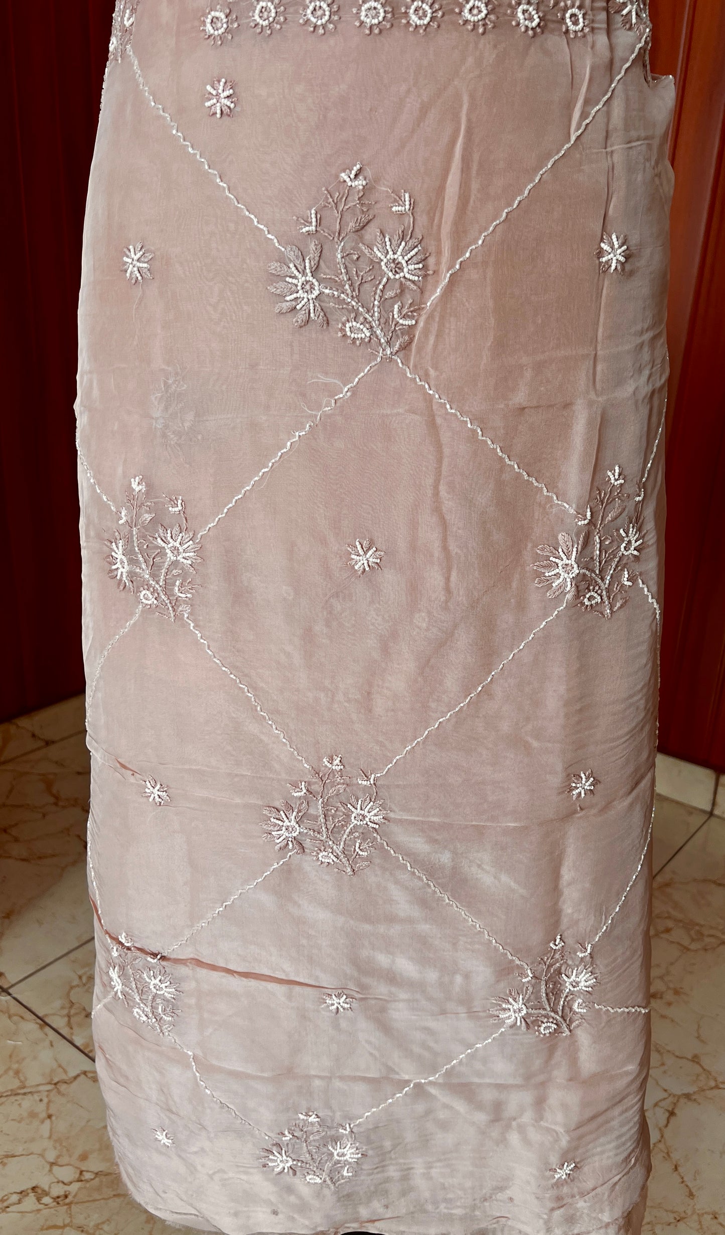 Nude brown Chikankari and pearl work Organza kurta with dupatta