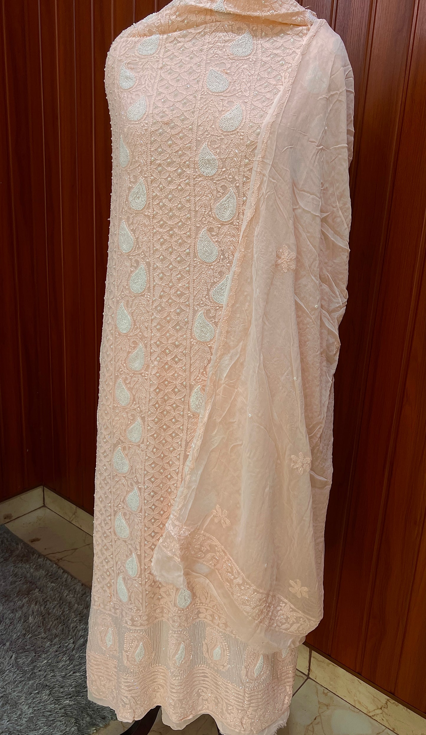 Soft peach Chikankari Pearl and Cut Dana Kurta and Dupatta