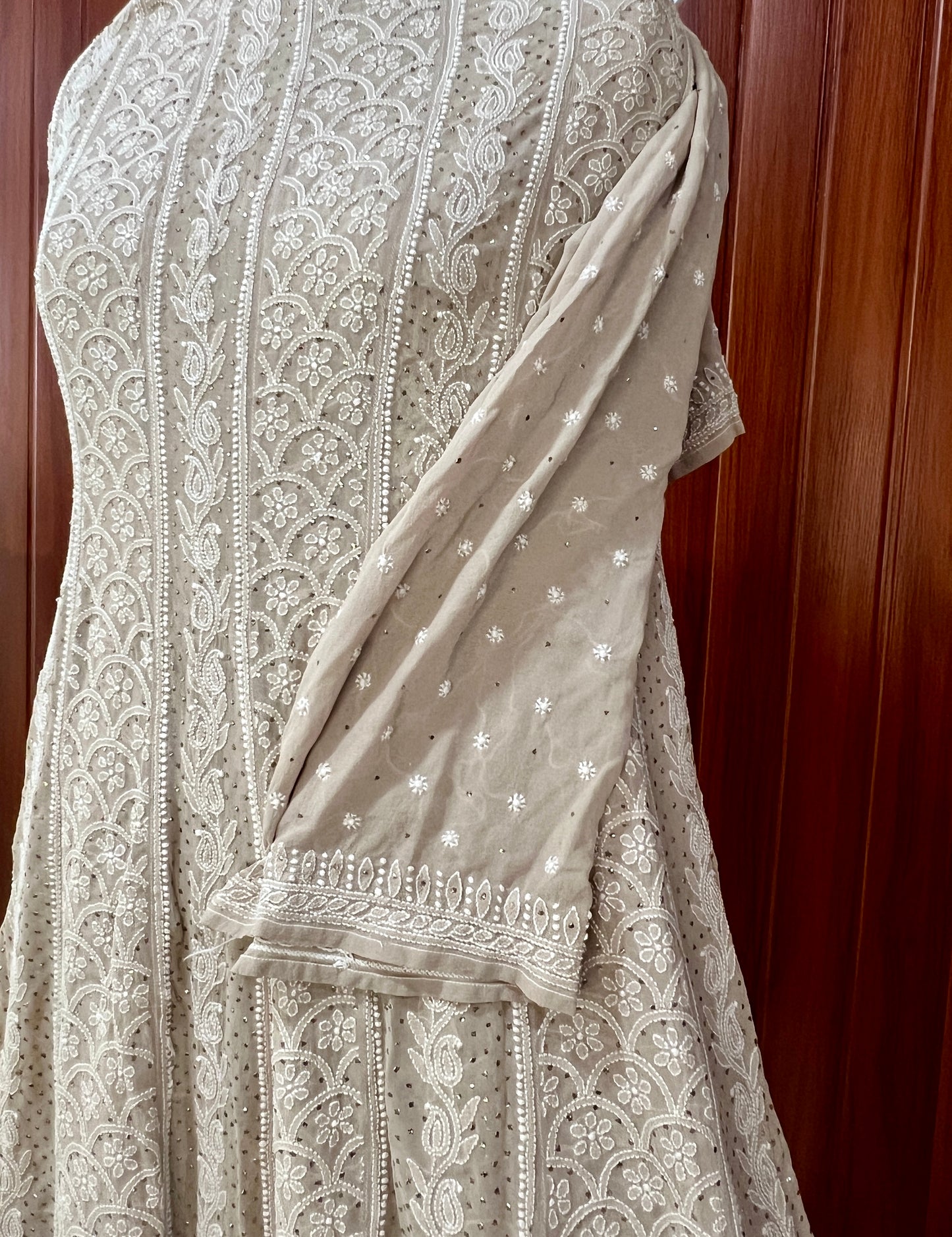 Champagne allover Chikankari and mukaish anarkali with dupatta