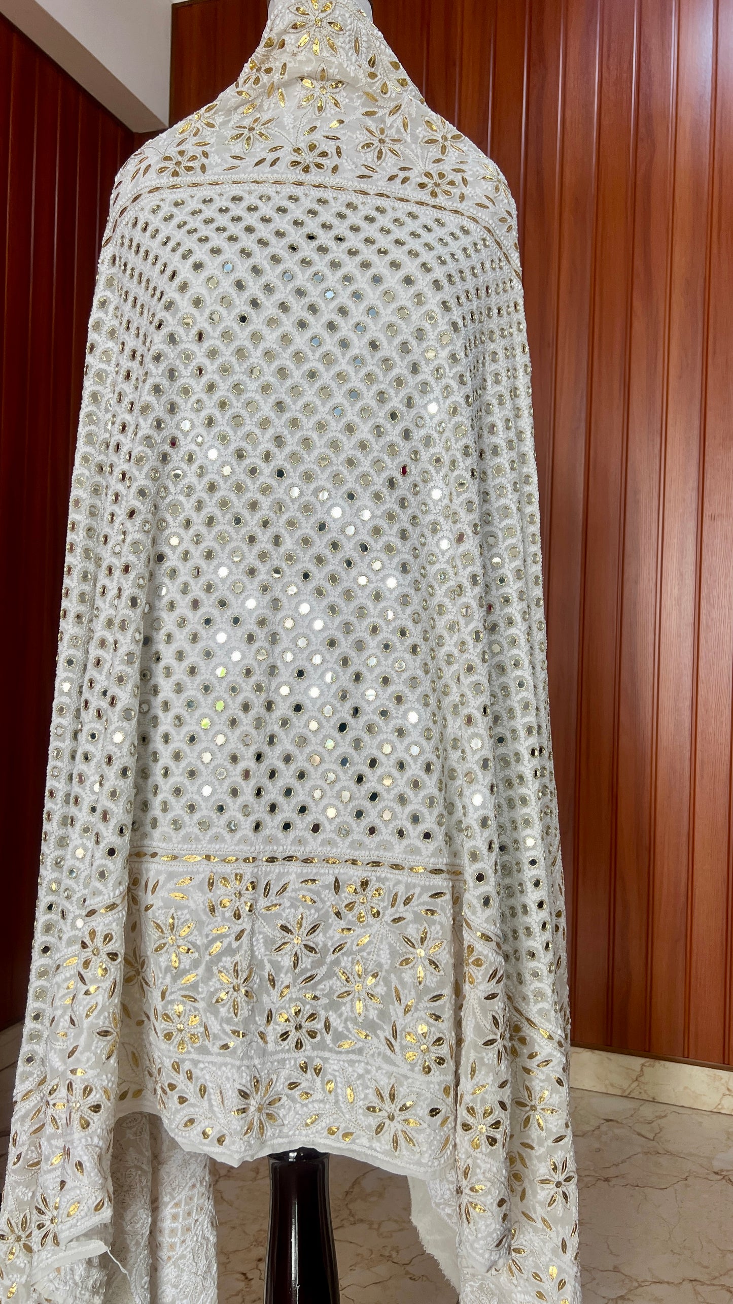 Ruhani Ivory Chikankari Mirror and olden Gota Patti Pure Georgette Wedding Dupatta