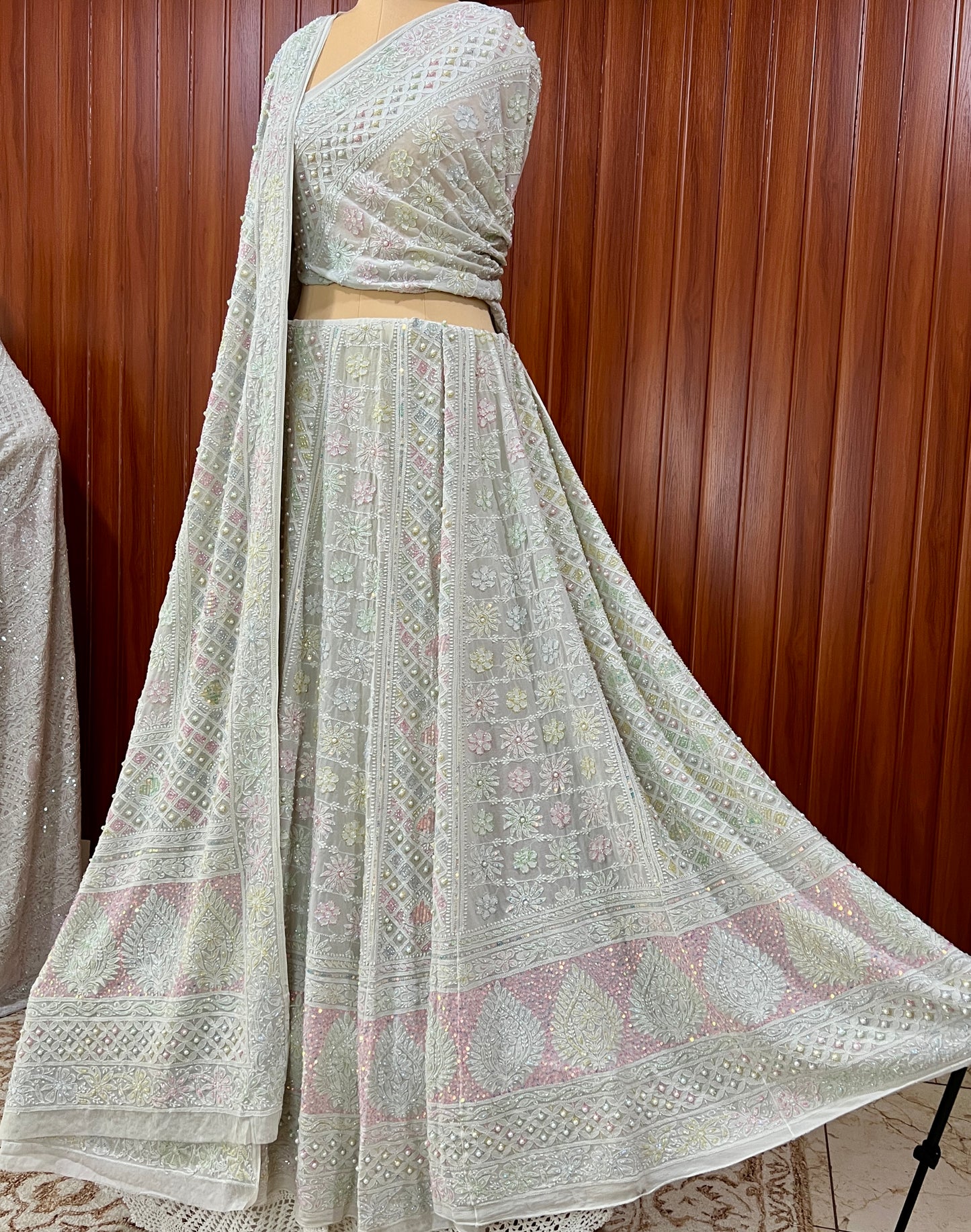 Ruhani Ice Mint Chikankari Multicolored Cut Dana Sequins Lehenga