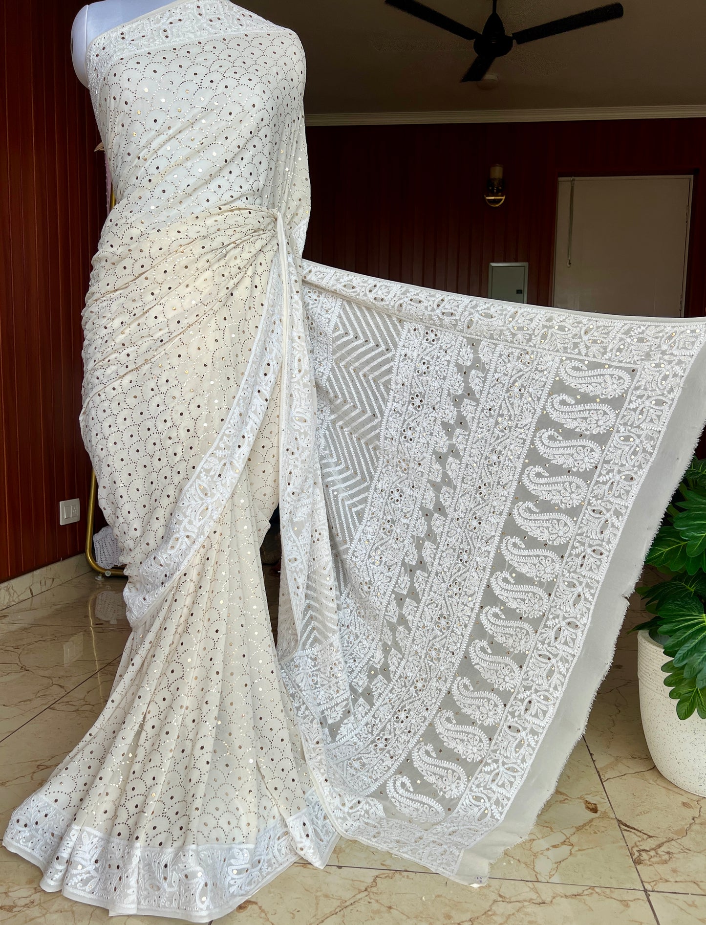 Ruhani Ivory Allover Designer Mukaish and Chikankari Saree