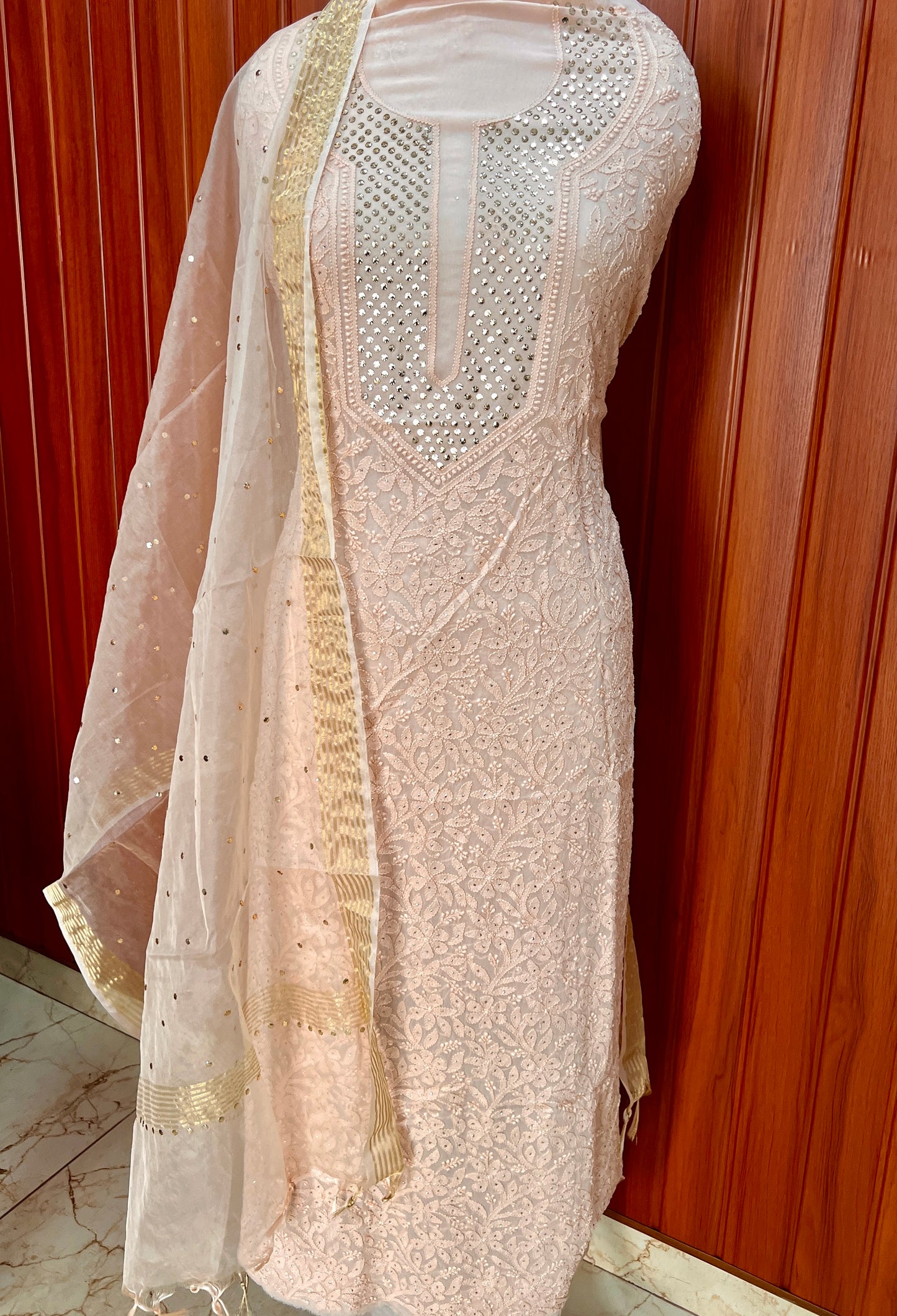 Nude Chikankari and mukaish kurta with organza dupatta
