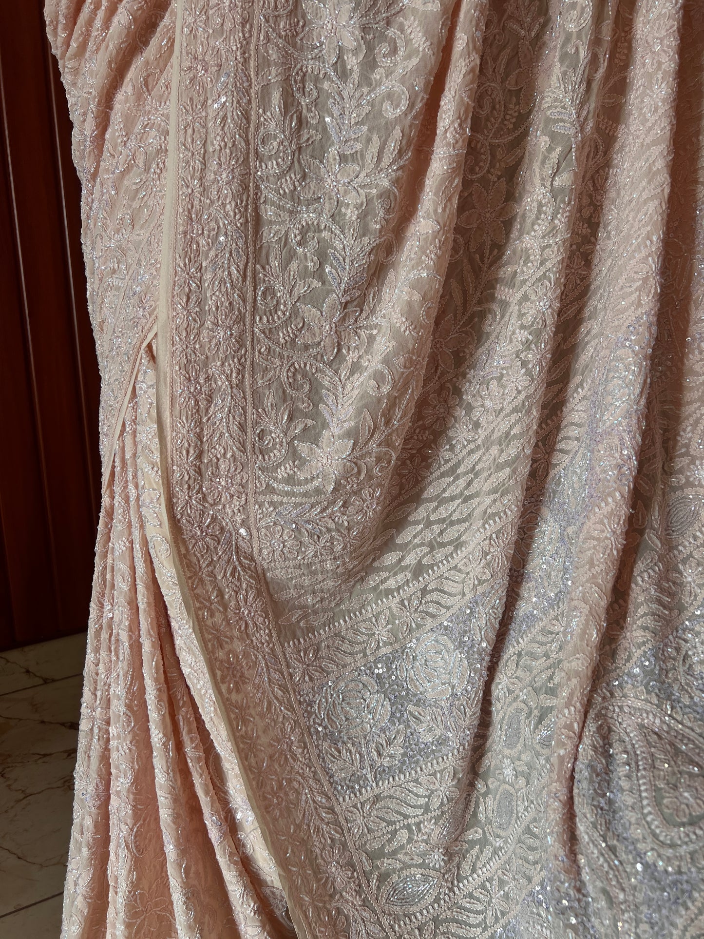 Ruhani Light Peach Chikankari Cut Dana and Sequins Saree