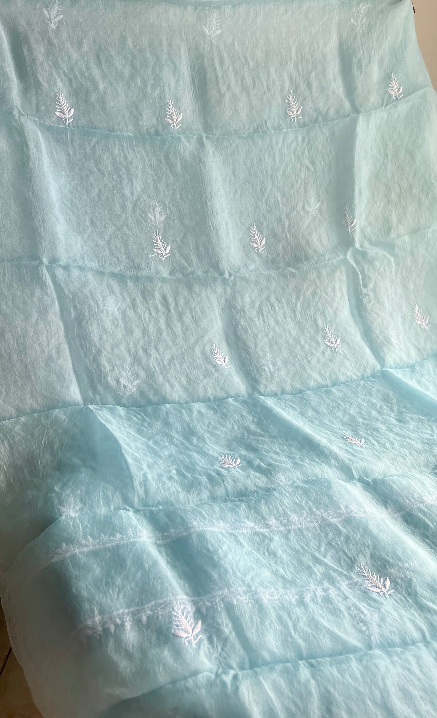 Sky blue chikankari pearl cut Dana work pure Organza kurta with dupatta