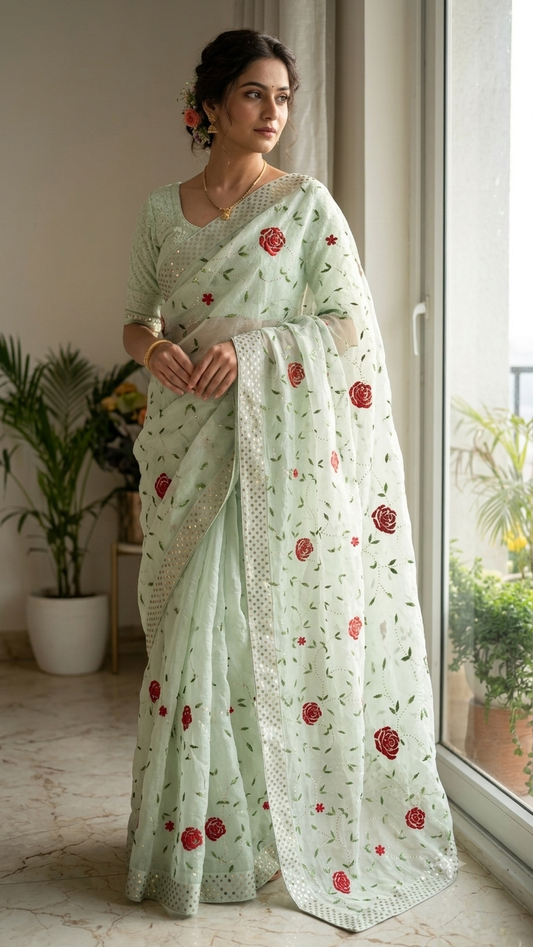 Ruhani Pista green Pure Organza Saree with Resham and Mukaish Work