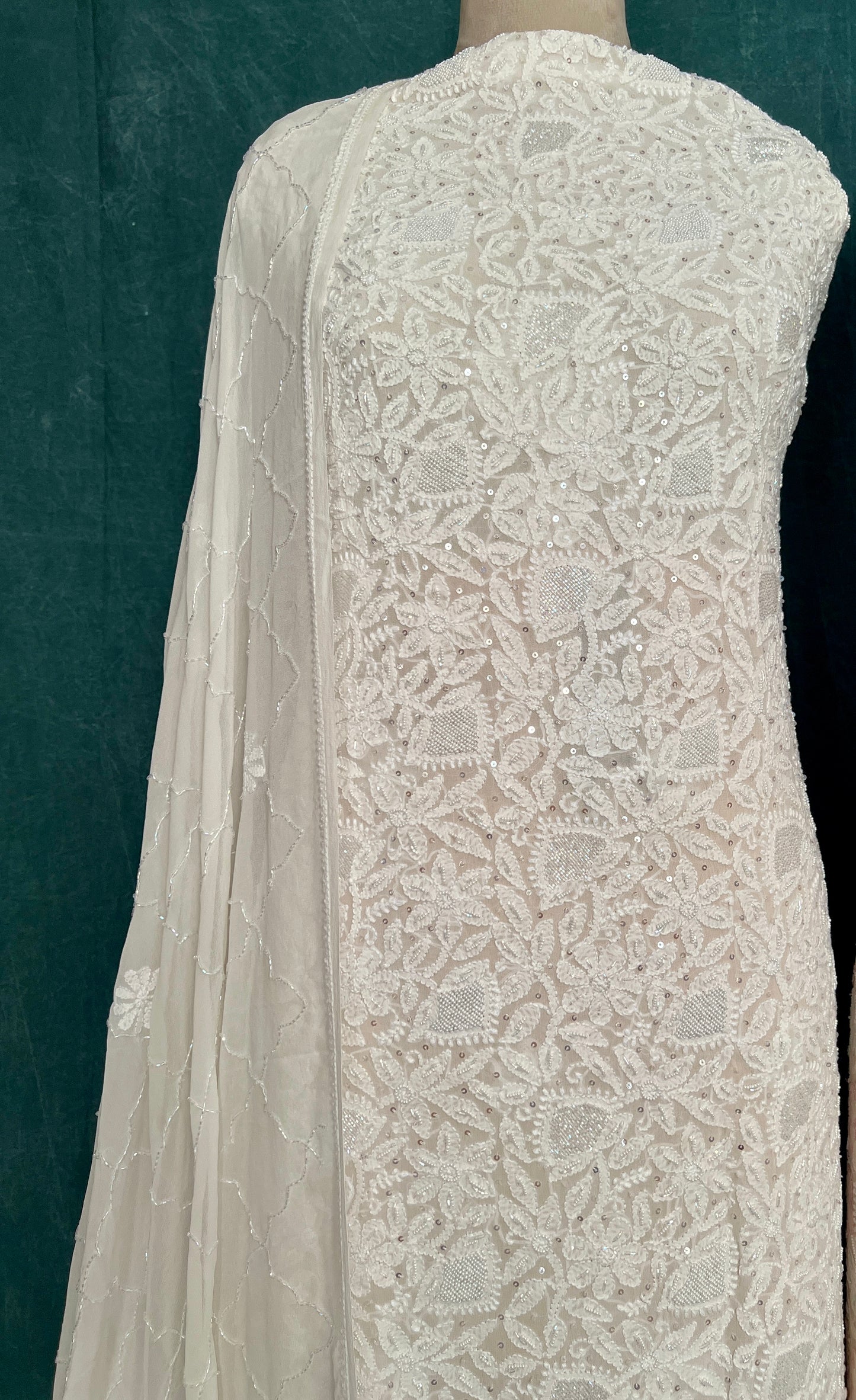 Ivory Chikankari pearl sequins cut Dana work kurta and dupatta