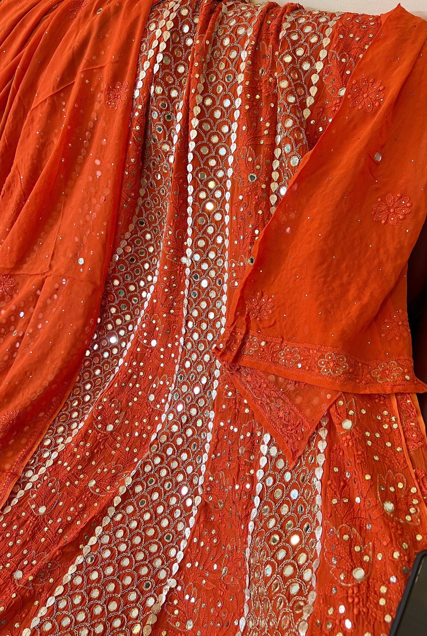 Orange Chikankari Mukaish Mirror and Gota Patti Anarkali with Dupatta