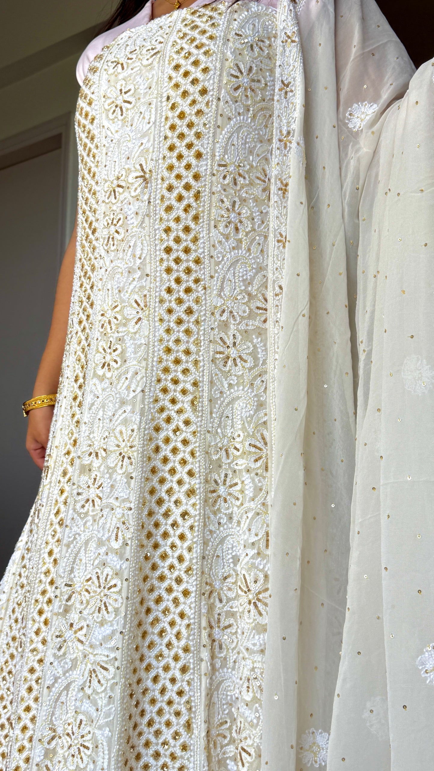 Ruhani Ivory Chikankari Sequins and Cut Dana Anarkali