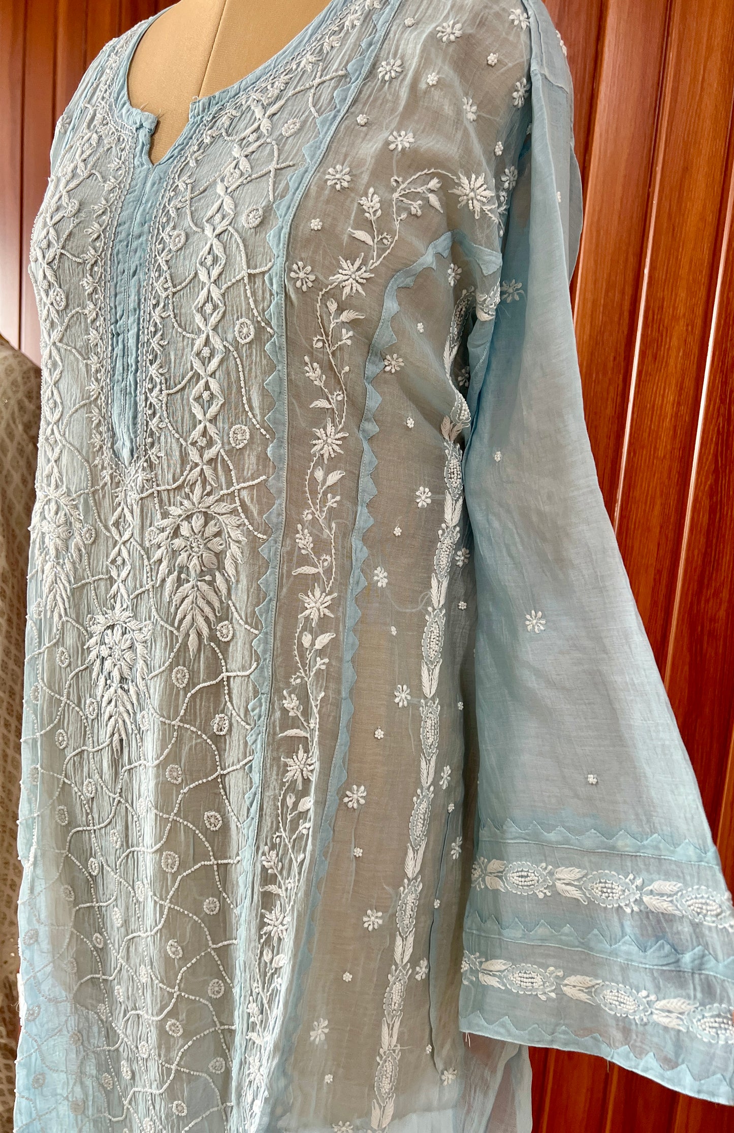 Sky Blue Mul chanderi Chikankari pearl embroidered kurta and dupatta