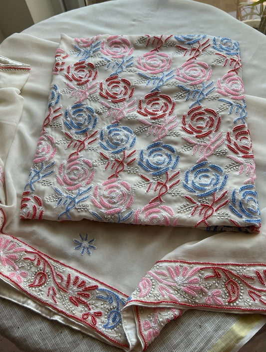 Ivory Chikankari and multicolored Beads Embroidered Kurta and Dupatta