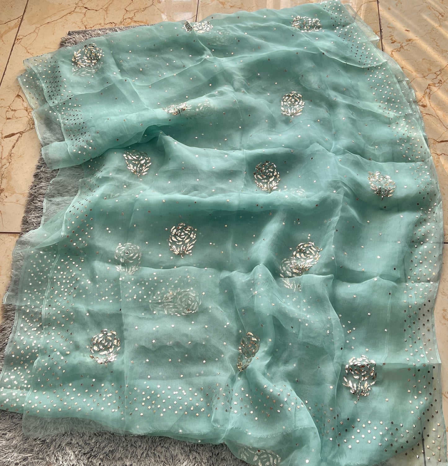 Sage Green Pure Organza Saree with Badla and Mukaish Work