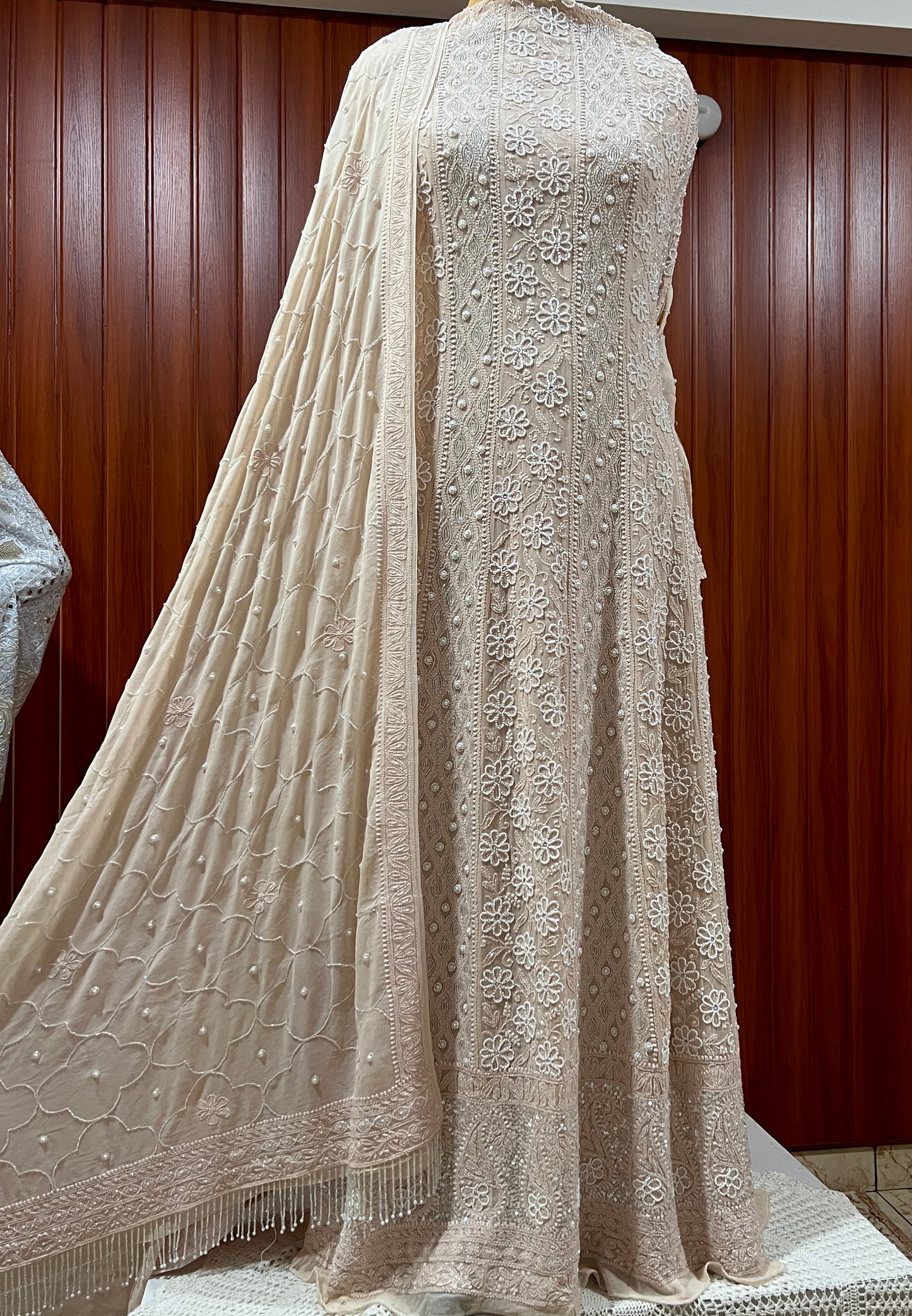 Beige fine Chikankari Pearl Sequins and Cut Dana Anarkali